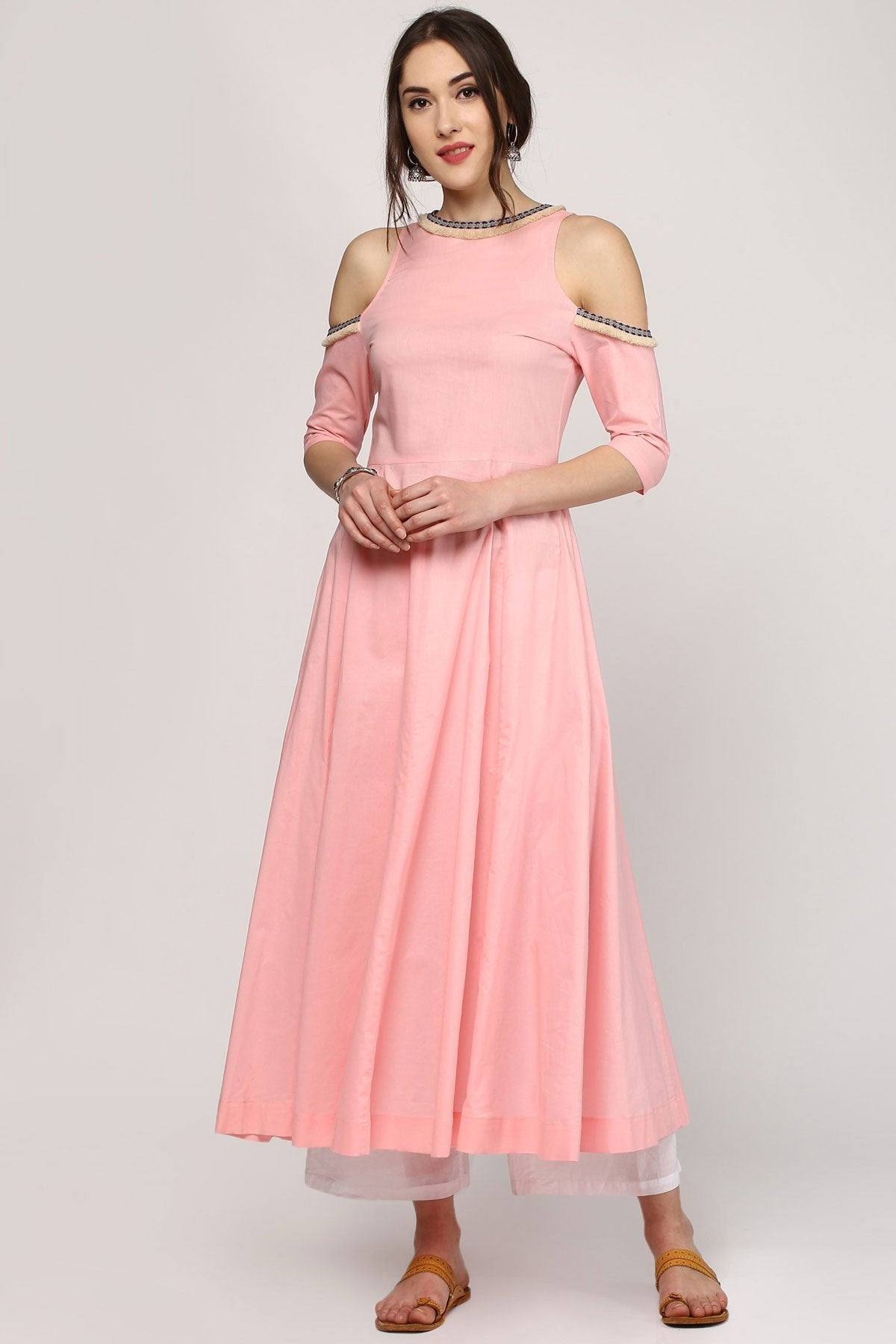 Women's Pink Cold Shoulder Kurta With Embroidered Lace - SHAE
