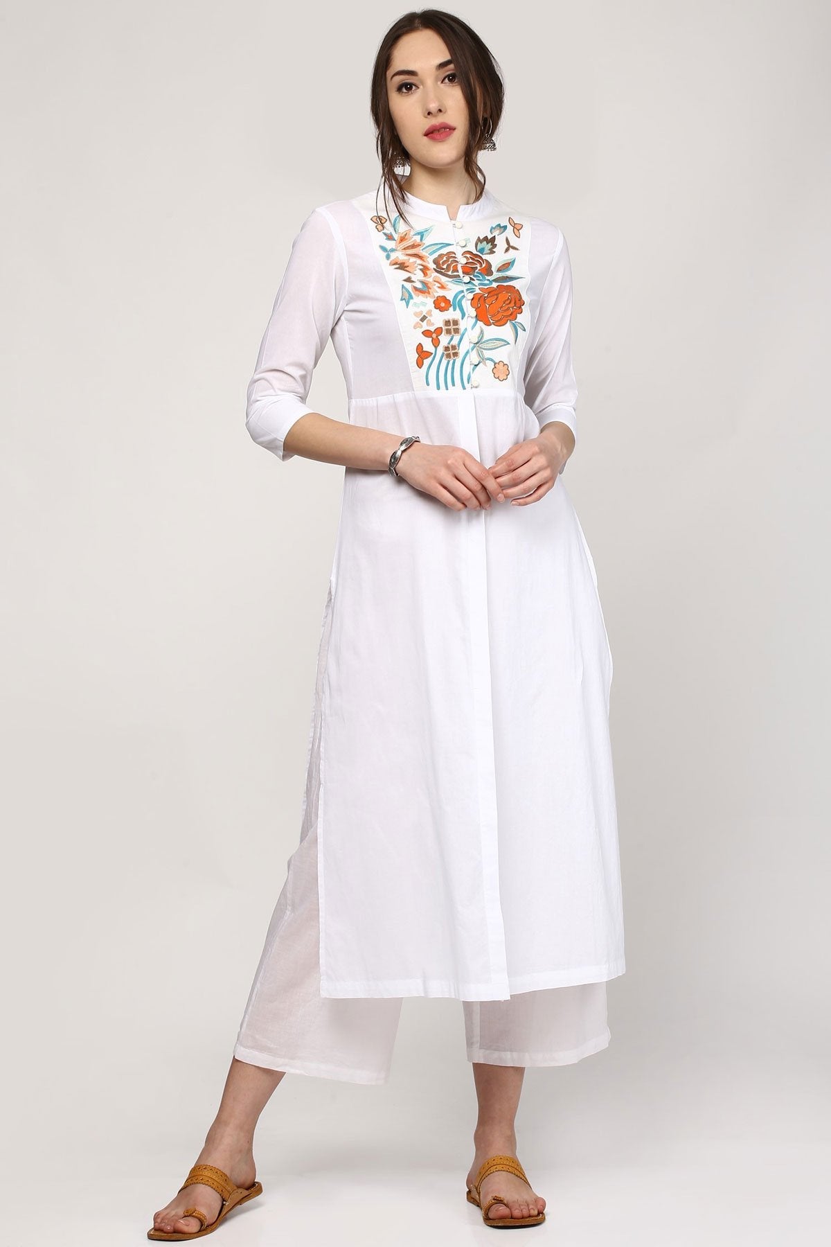 Women's White Embroidery Front & Side Slit Kurta - SHAE