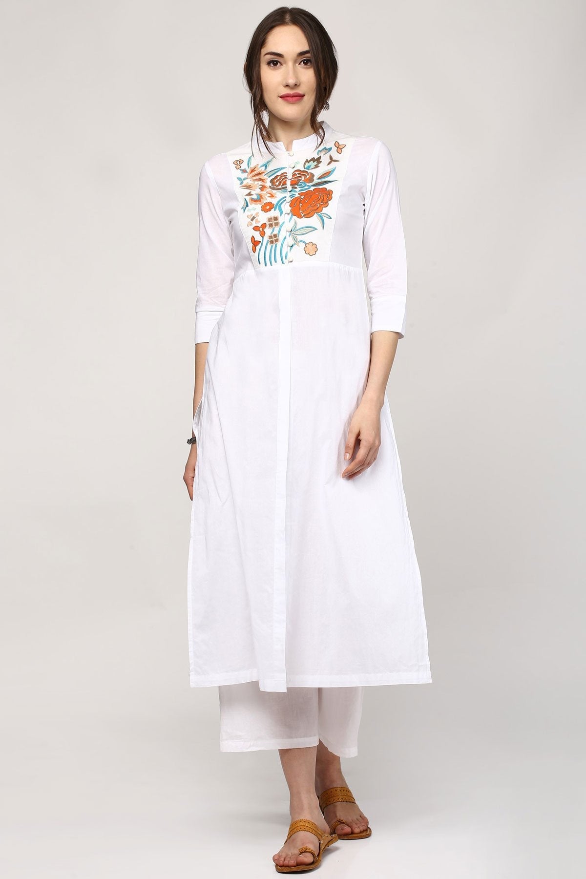 Women's White Embroidery Front & Side Slit Kurta - SHAE