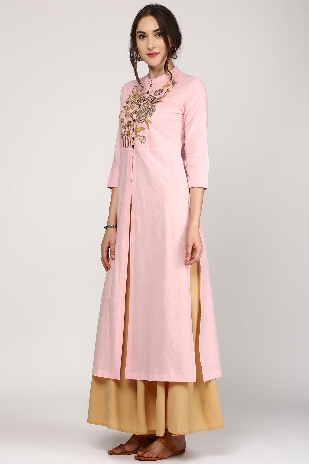 Women's Pink Embroidery Front & Side Slit Kurta - SHAE