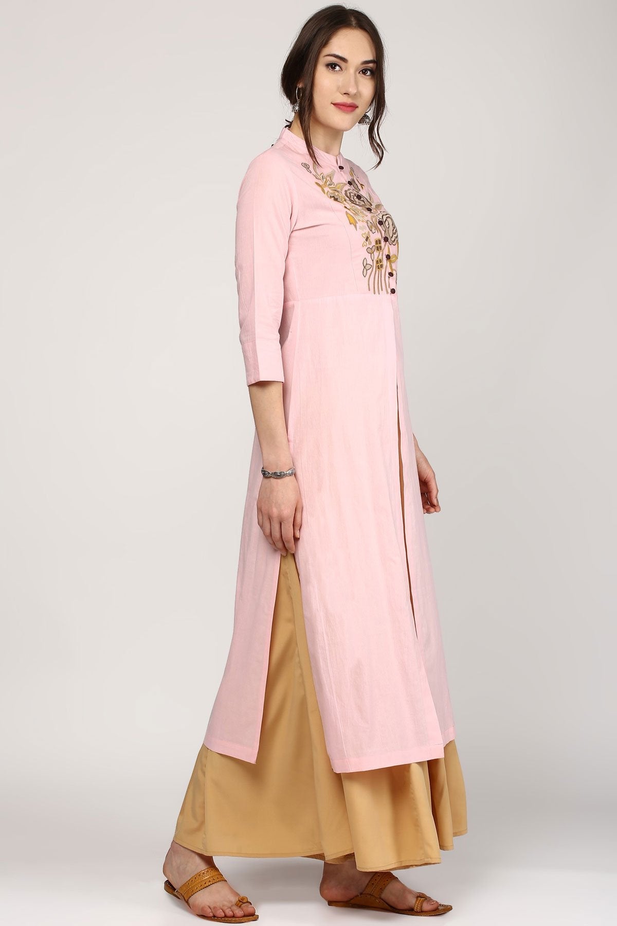 Women's Pink Embroidery Front & Side Slit Kurta - SHAE