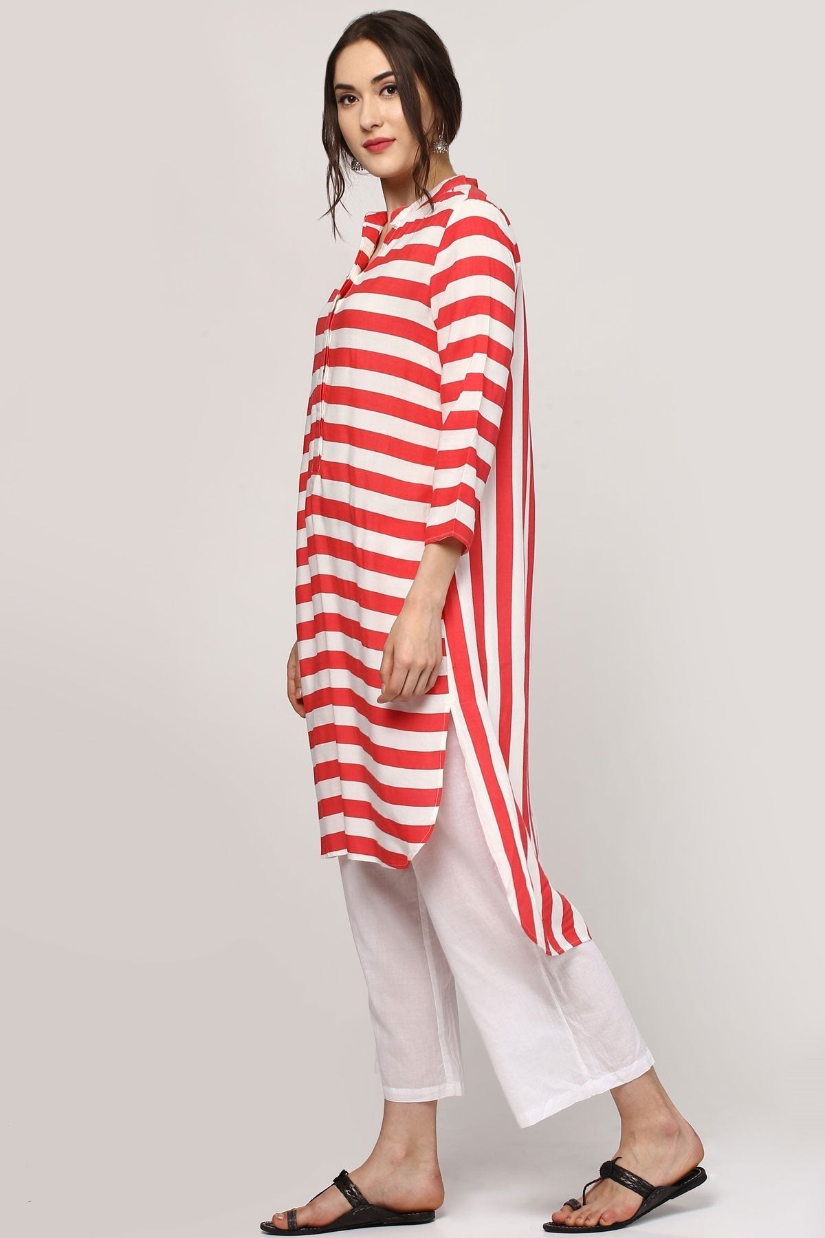 Women's Red Striped High Low Kurta - SHAE