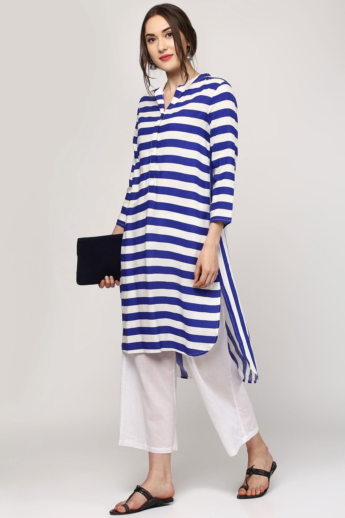 Women's Blue Striped High Low Kurta - SHAE