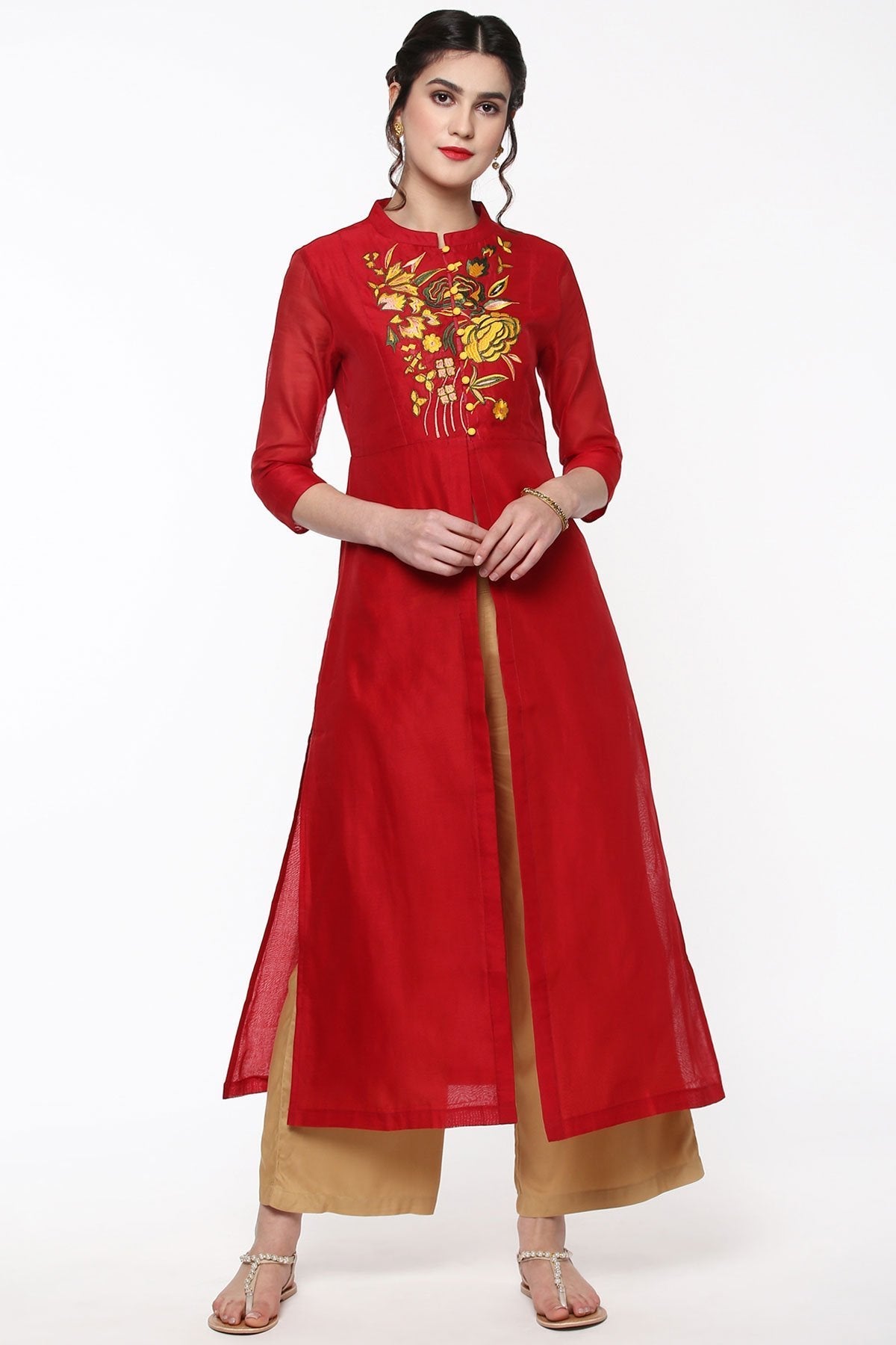 Women's Red Embroidered Front & Side Slit Kurta - SHAE