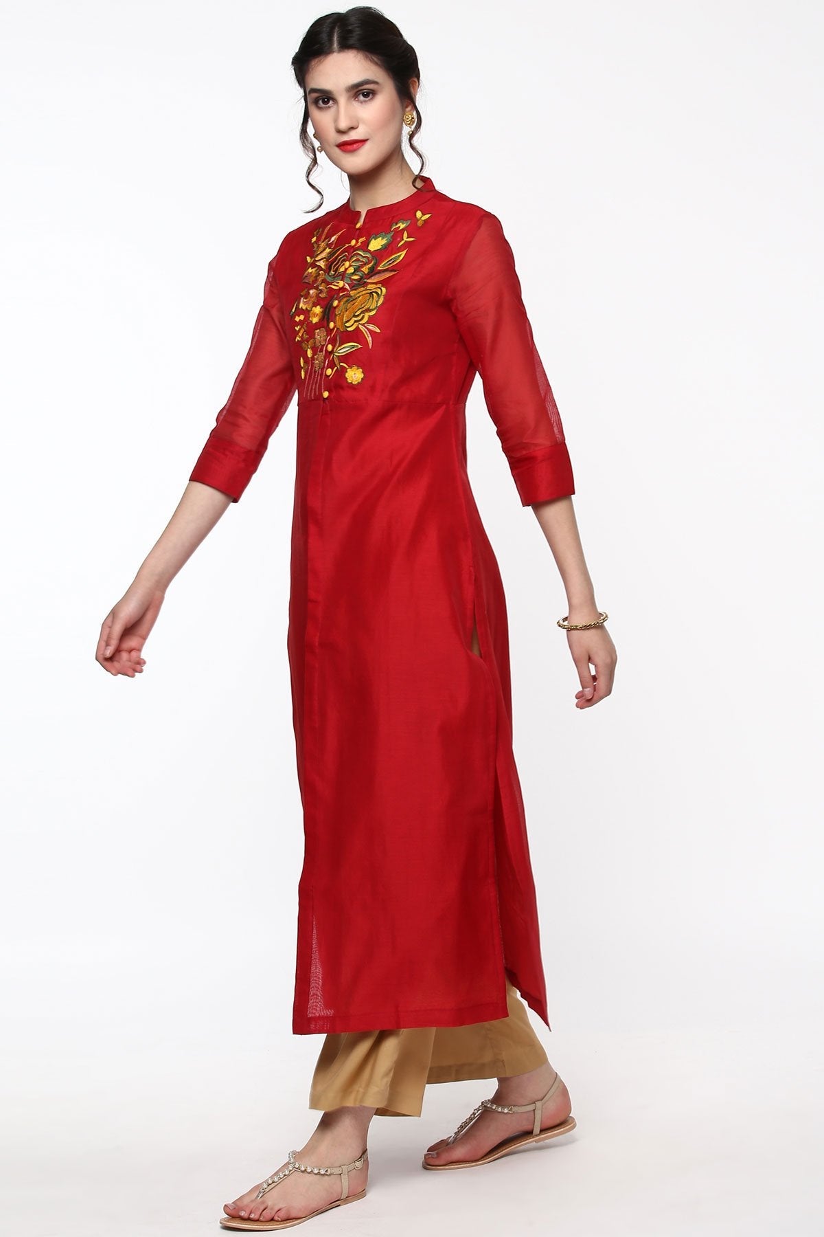 Women's Red Embroidered Front & Side Slit Kurta - SHAE