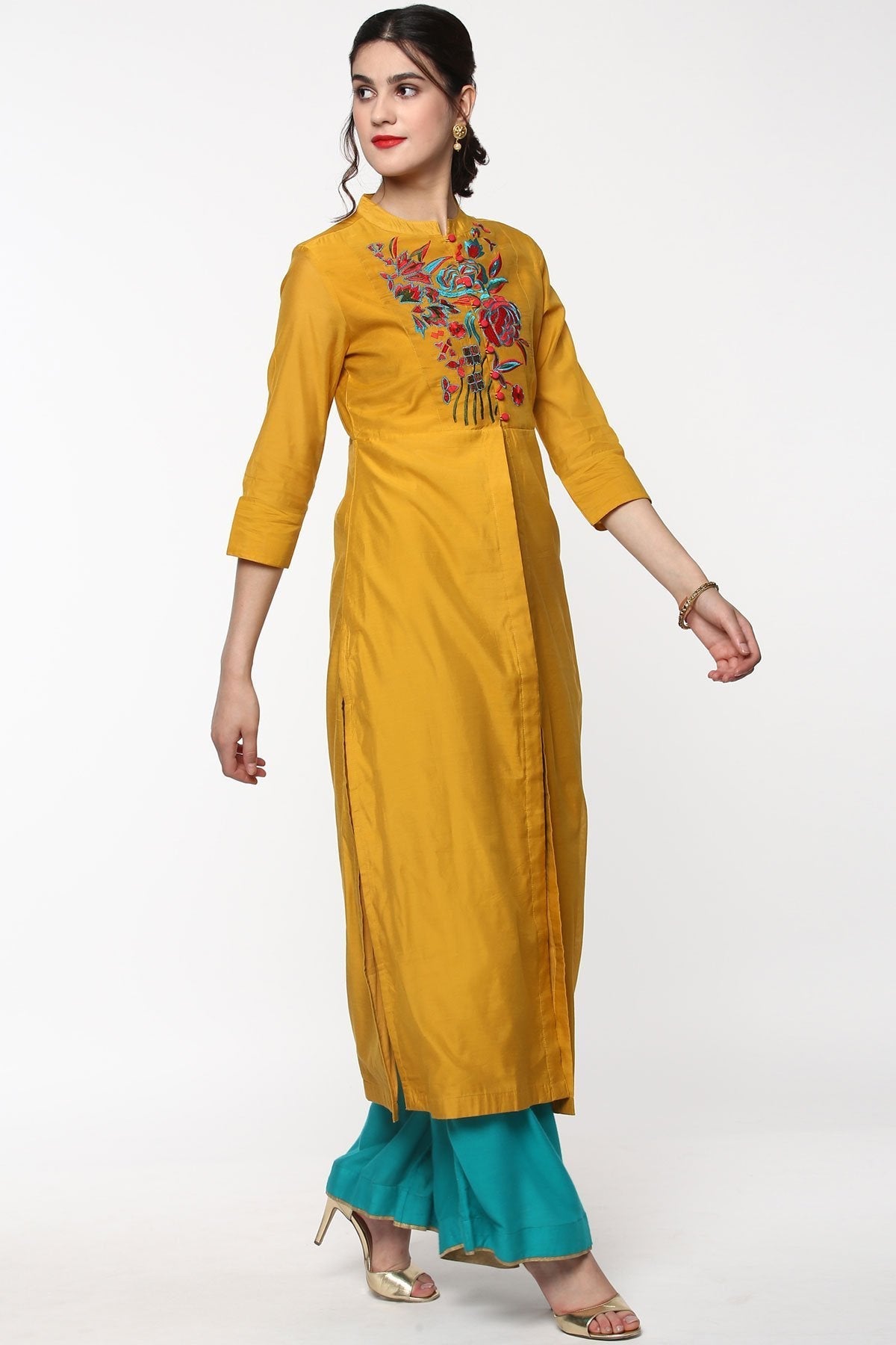 Women's Mustard Embroidered Front & Side Slit Kurta - SHAE