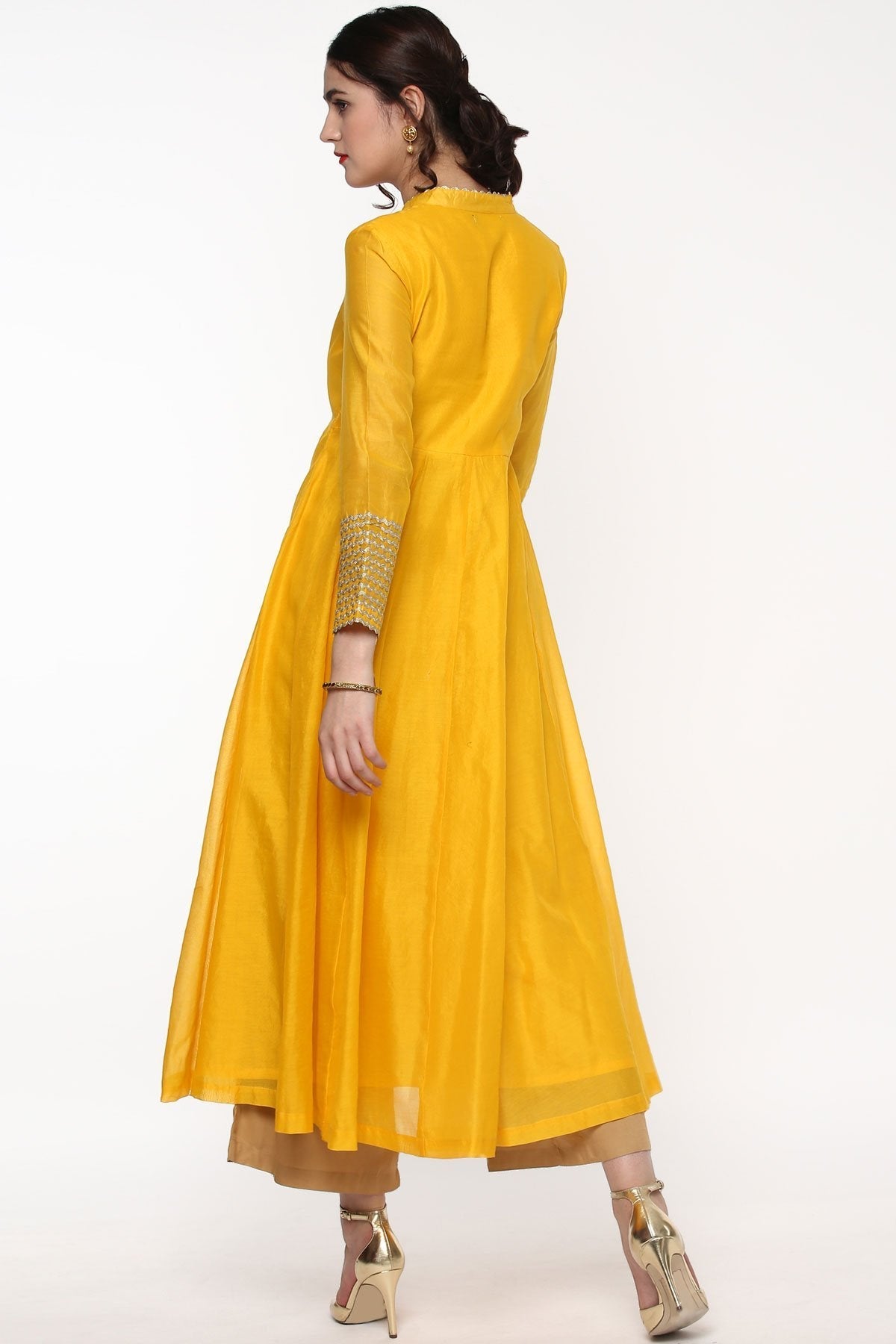 Women's Yellow Anarkali Kurta With Gota Lace On Cuff - SHAE