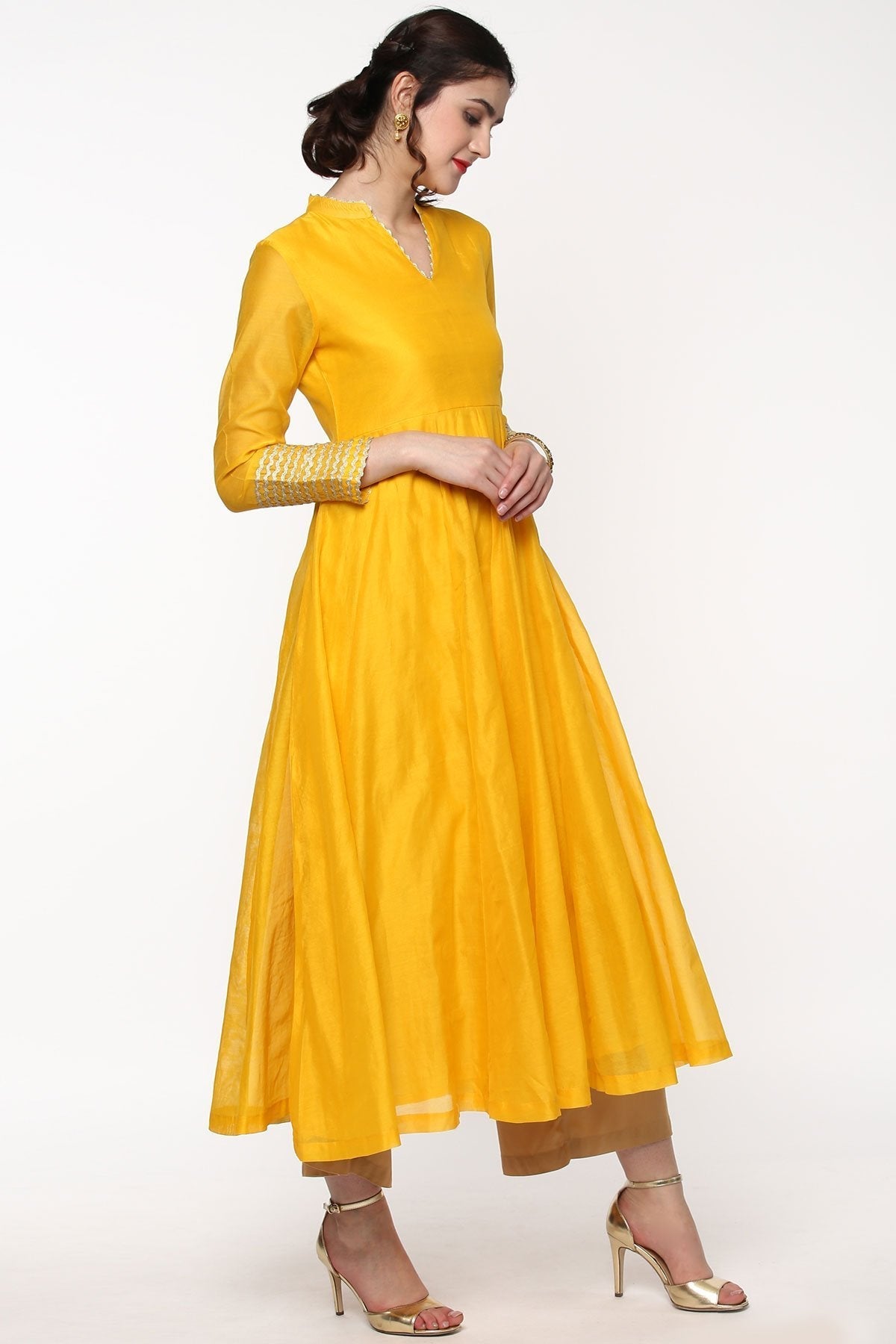 Women's Yellow Anarkali Kurta With Gota Lace On Cuff - SHAE
