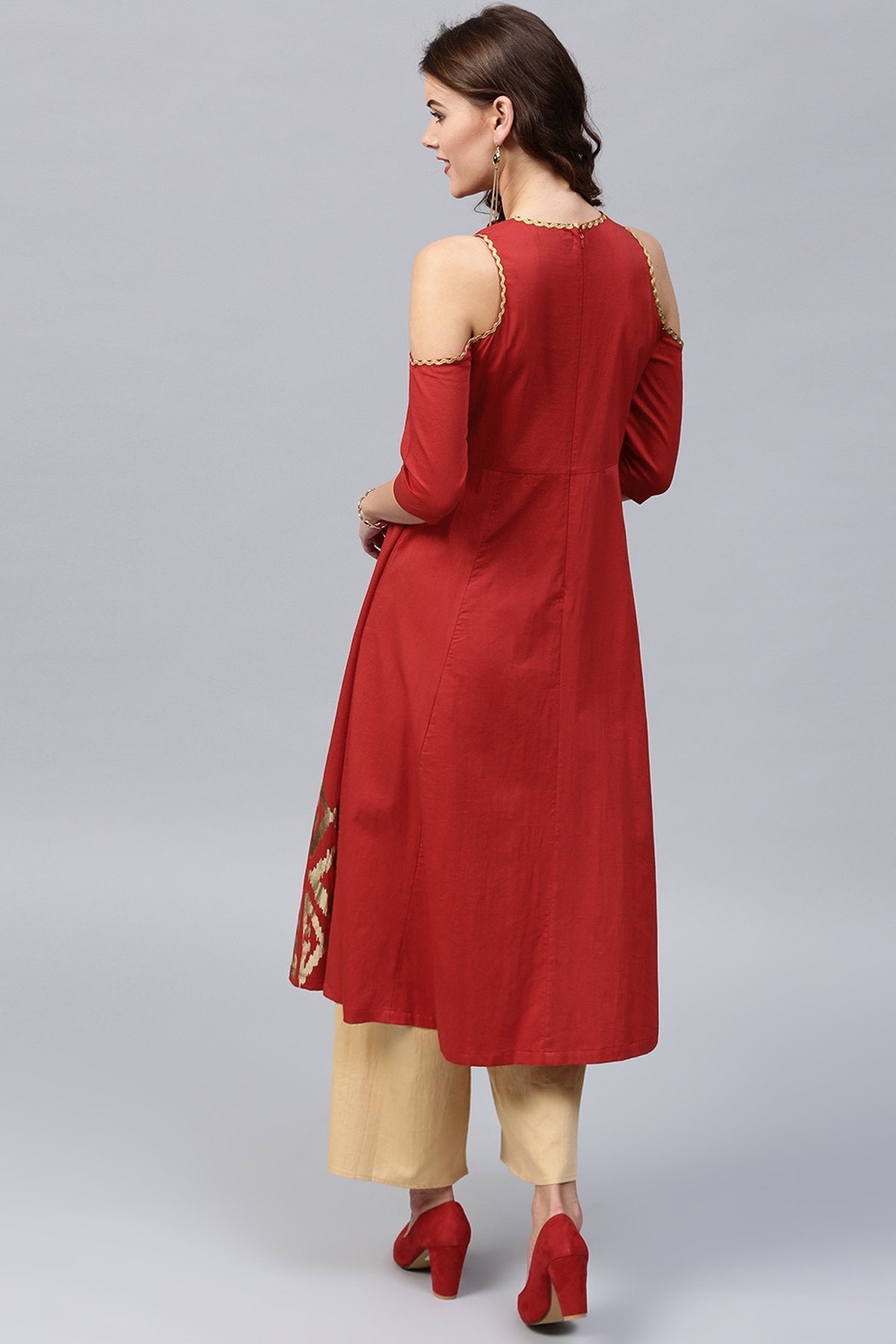 Women's Ikat Foil Cold Shoulder Red Anarkali - SHAE