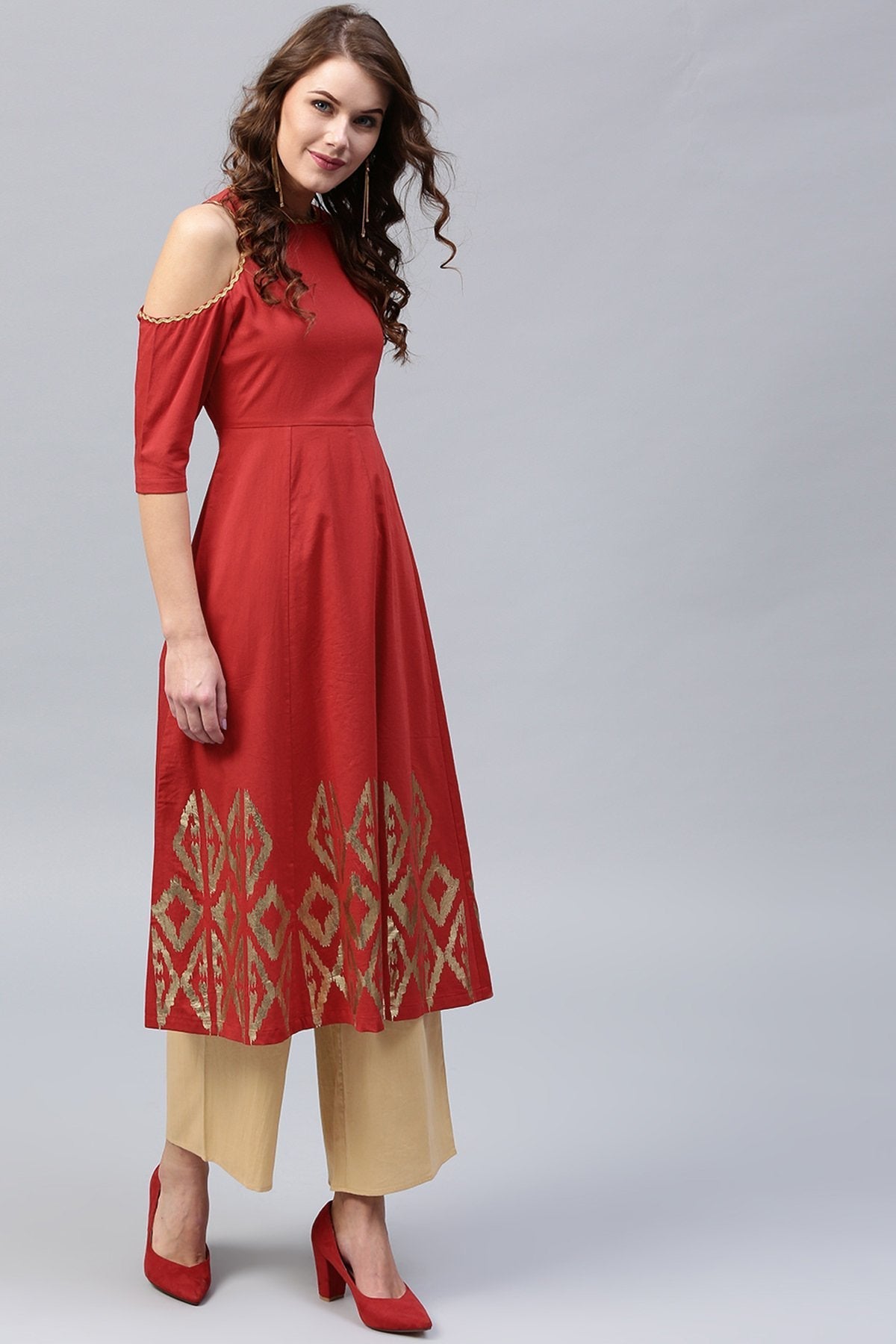 Women's Ikat Foil Cold Shoulder Red Anarkali - SHAE
