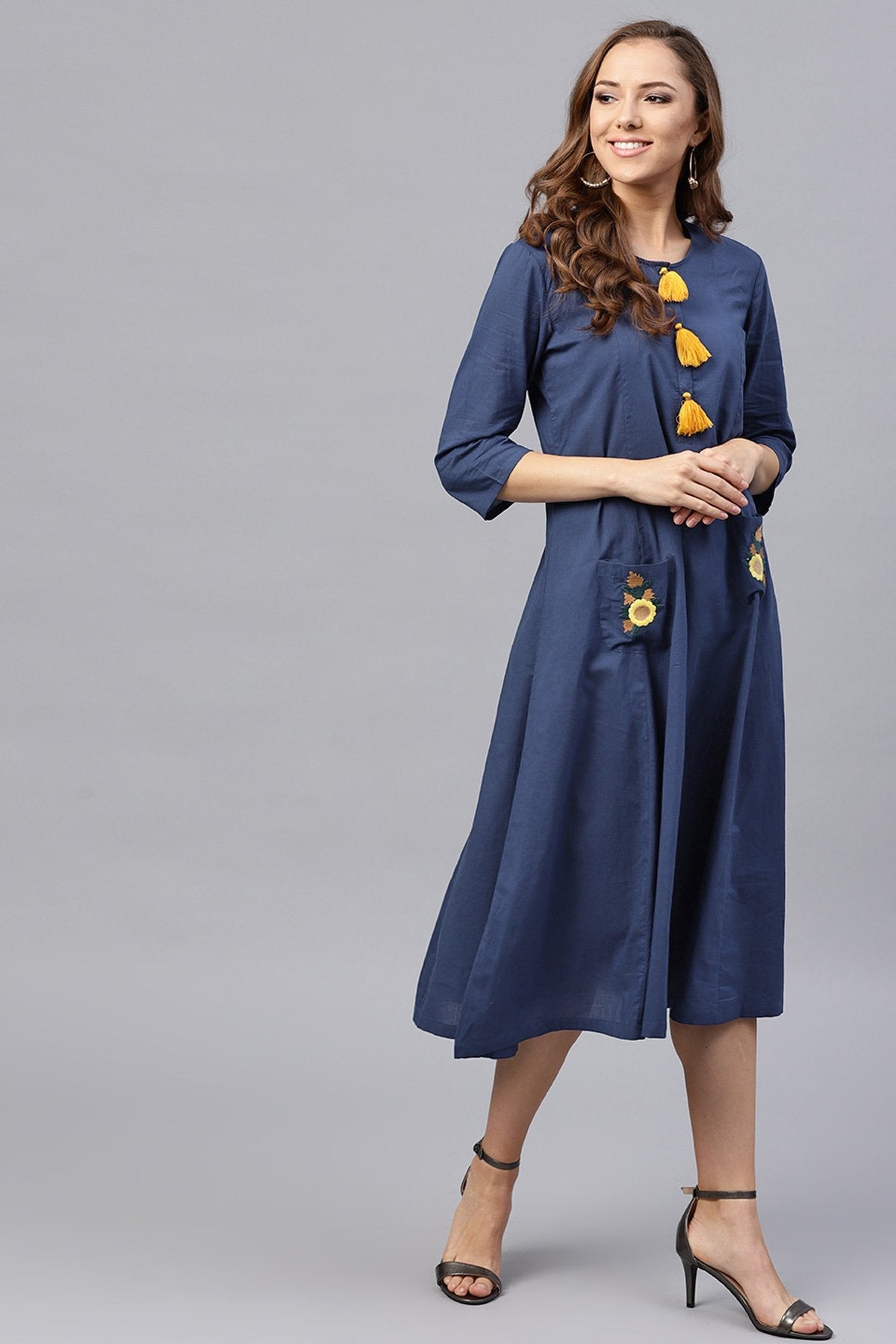 Women's Embroidered Pocket Patch Blue Dress - SASSAFRAS