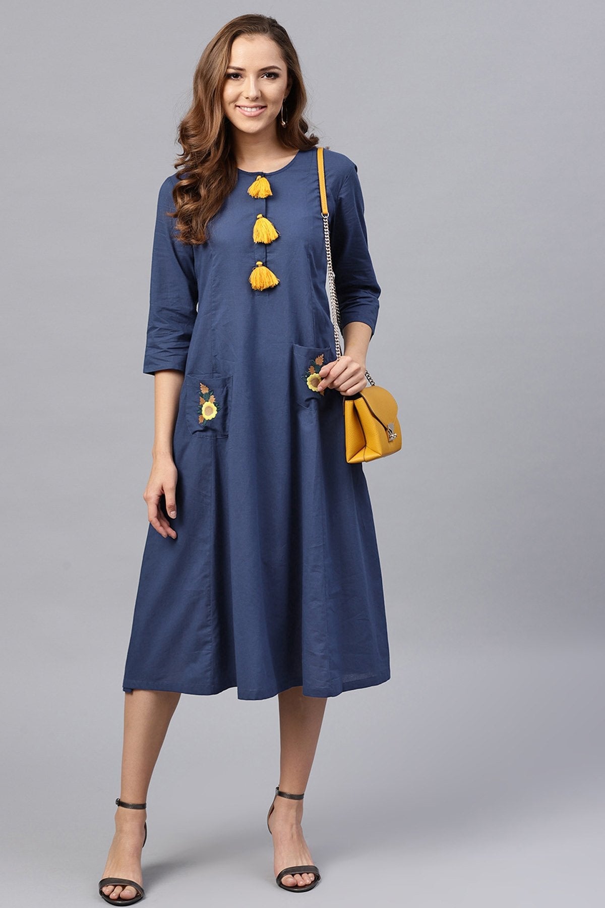 Women's Embroidered Pocket Patch Blue Dress - SASSAFRAS