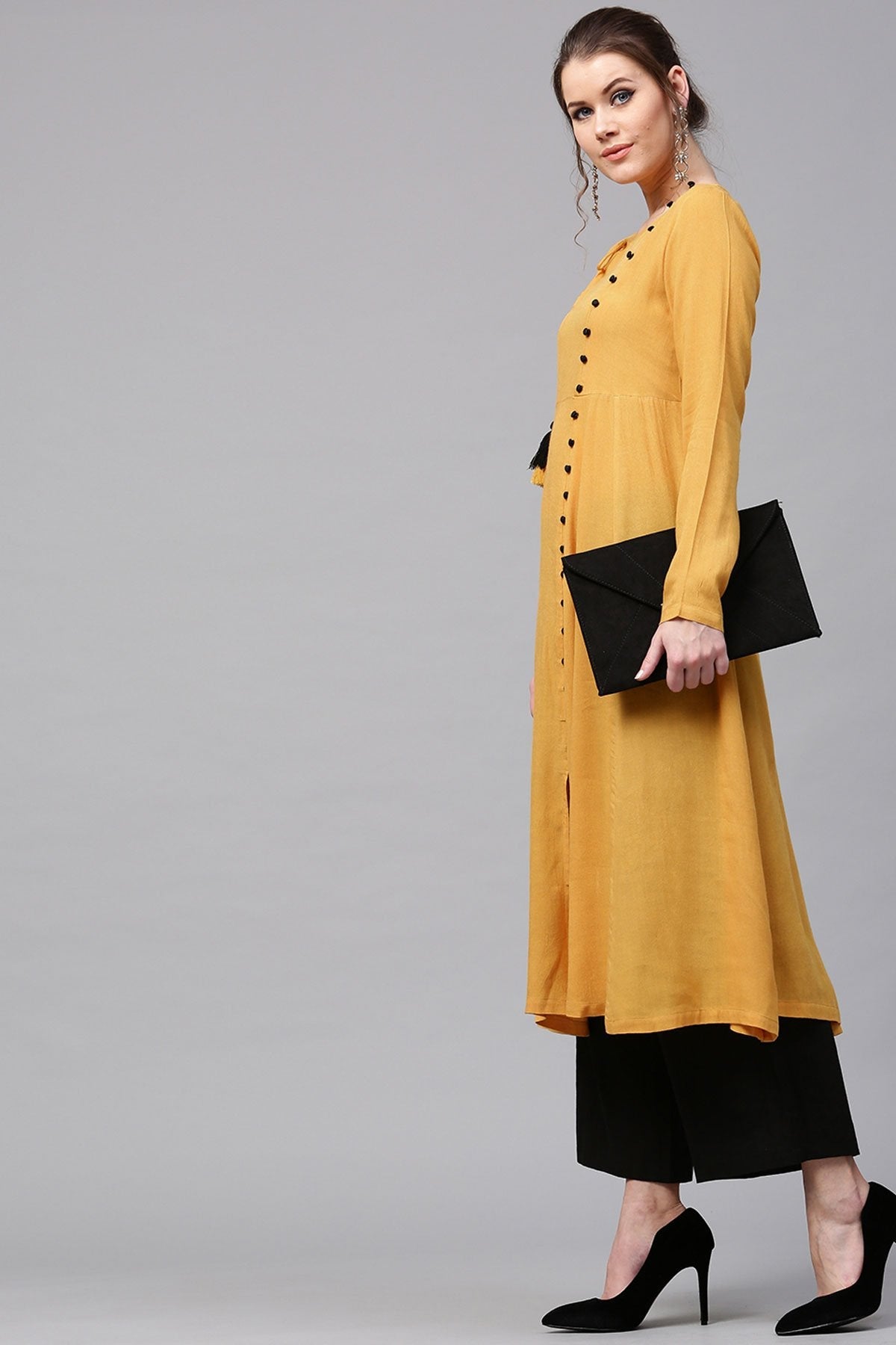 Women's Mustard Angrakha Style Kurta - SHAE