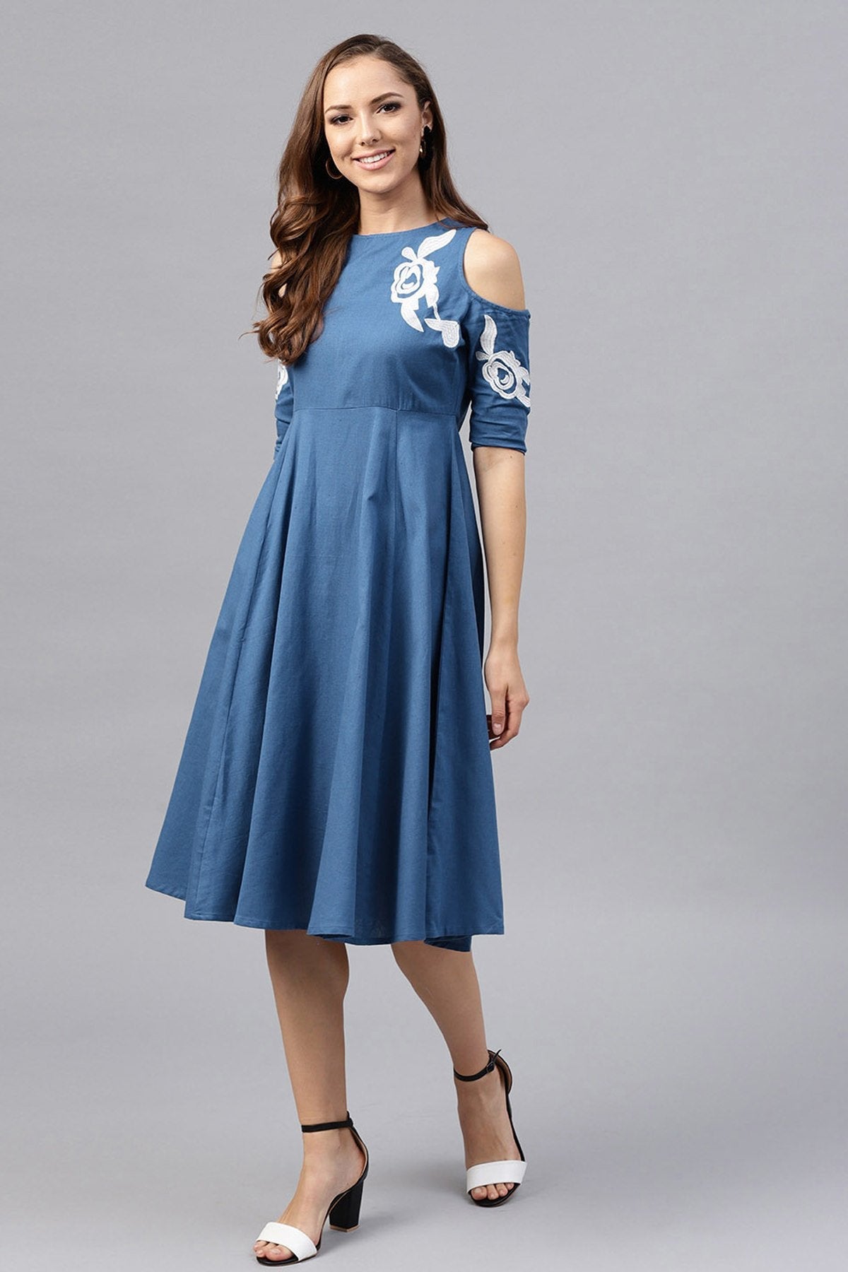 Women's Cold Shoulder Embroidered Blue Dress - SASSAFRAS