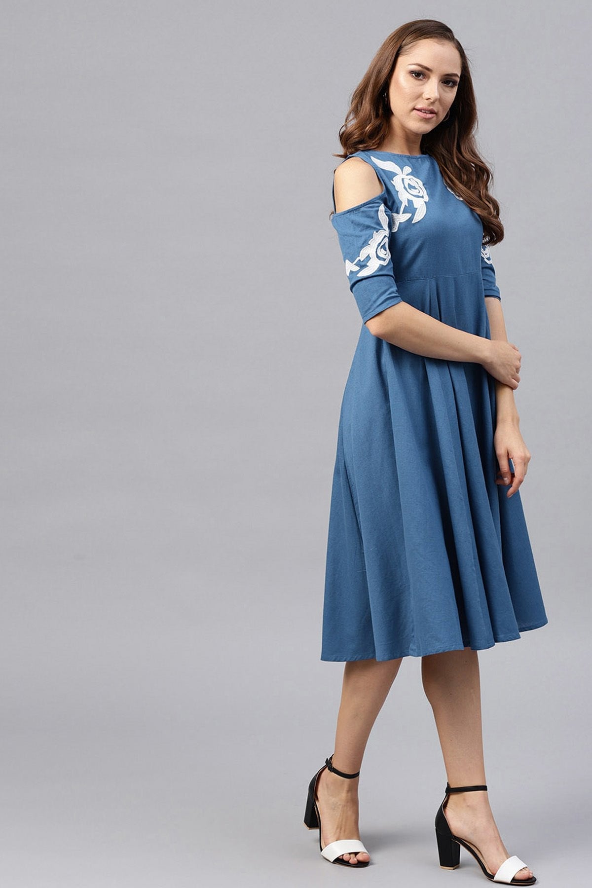 Women's Cold Shoulder Embroidered Blue Dress - SASSAFRAS