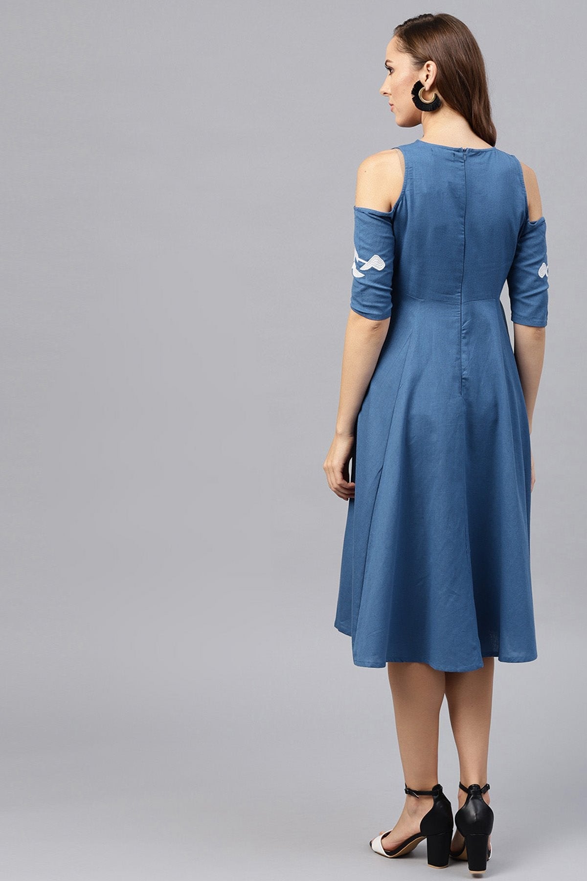 Women's Cold Shoulder Embroidered Blue Dress - SASSAFRAS