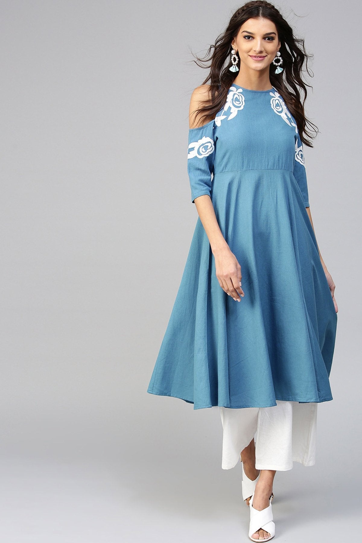 Women's Cold Shoulder Embroidered Blue Anarkali - SHAE