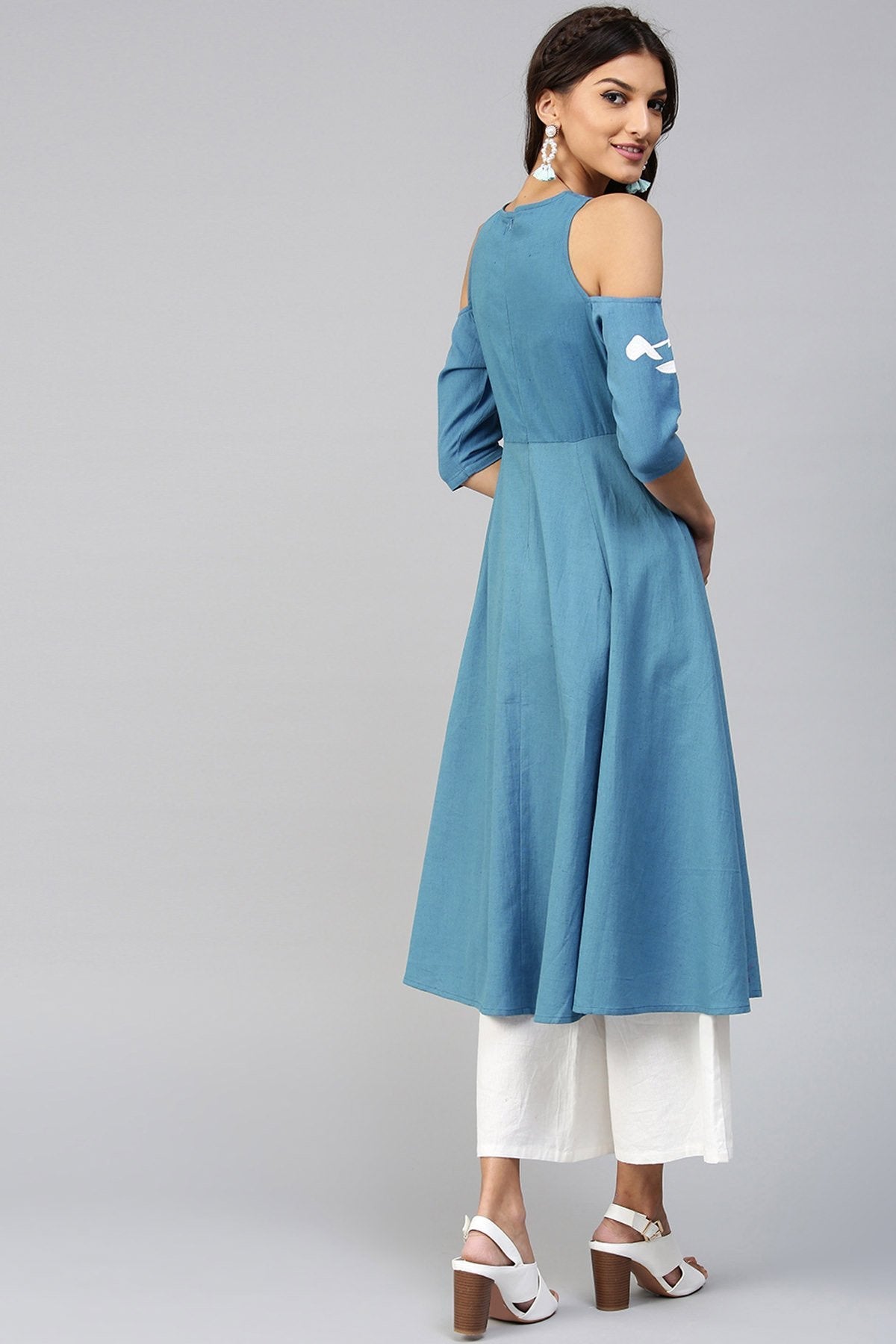 Women's Cold Shoulder Embroidered Blue Anarkali - SHAE