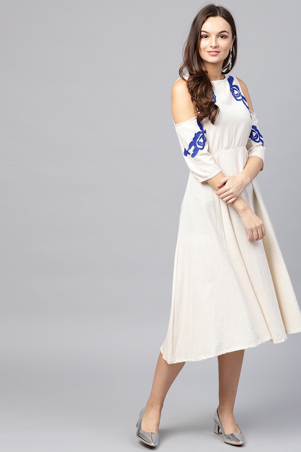 Women's Cold Shoulder Embroidered Off White Dress - SASSAFRAS