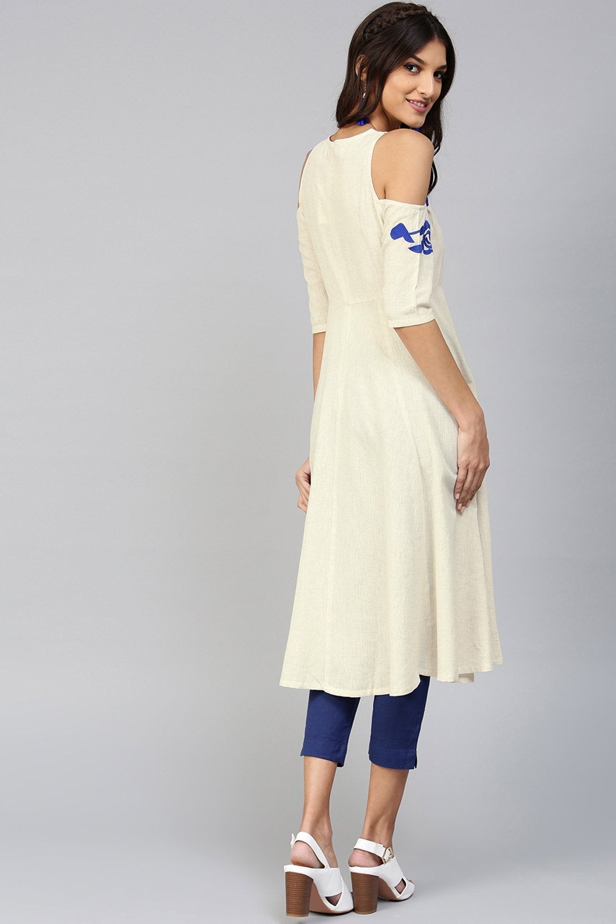 Women's Cold Shoulder Embroidered Off-White Anarkali - SHAE