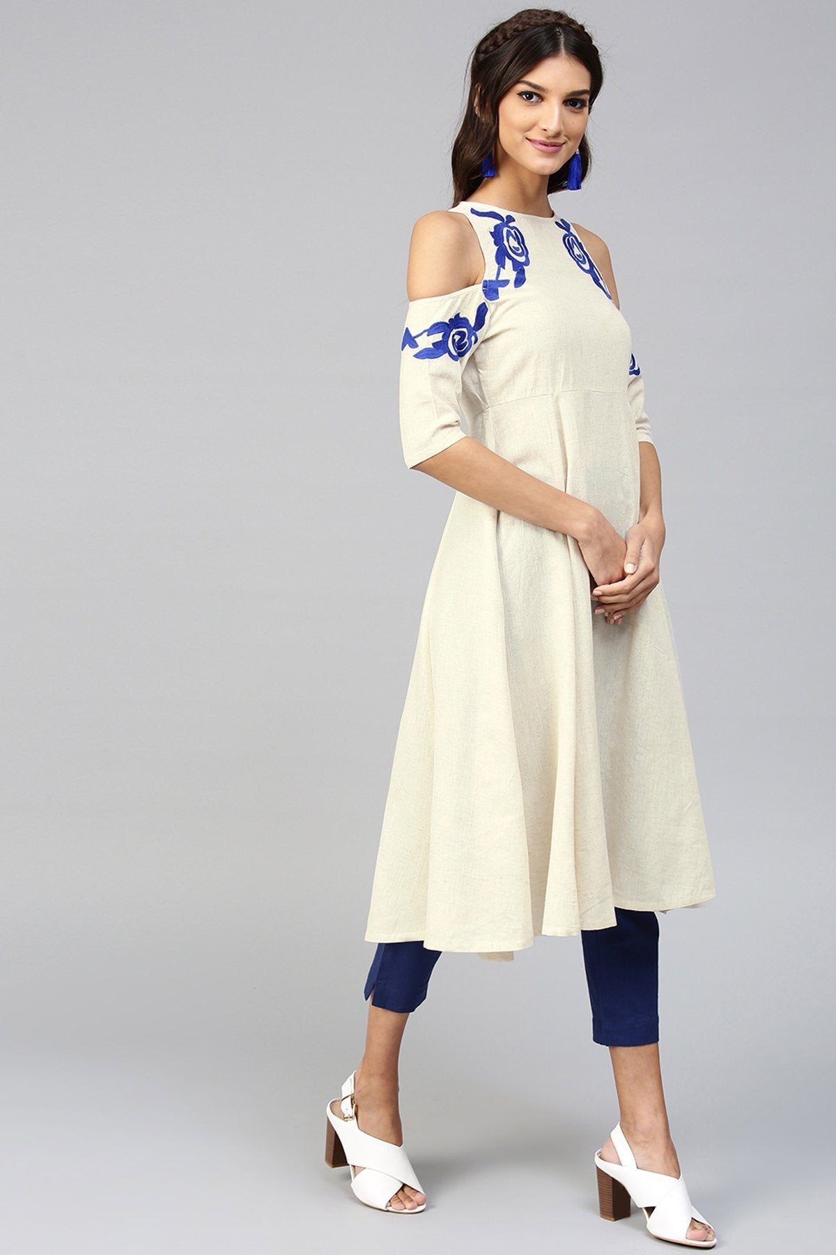 Women's Cold Shoulder Embroidered Off-White Anarkali - SHAE