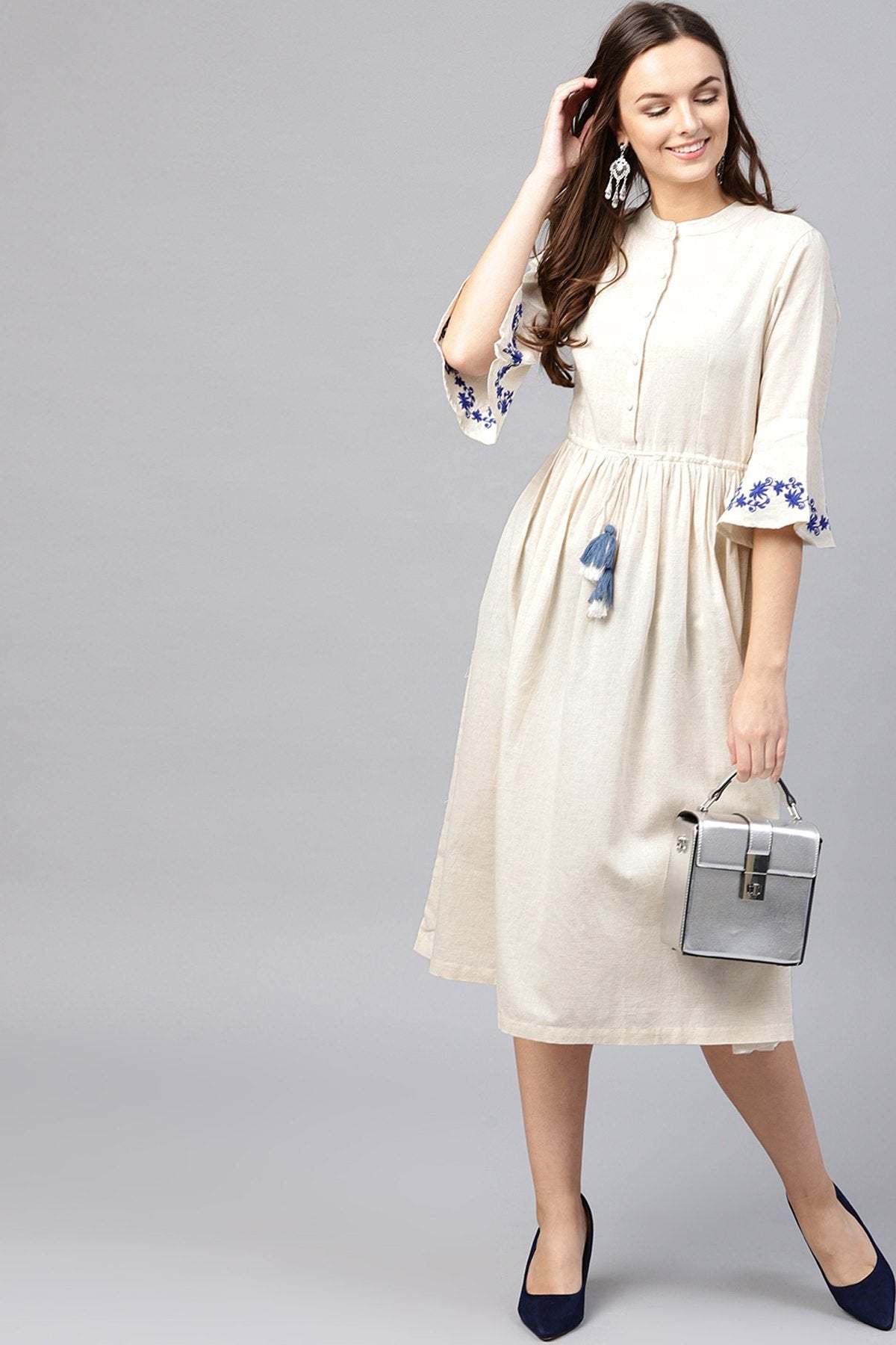 Women's Off White Drawstring Emb Bell Sleeves Dress - SASSAFRAS