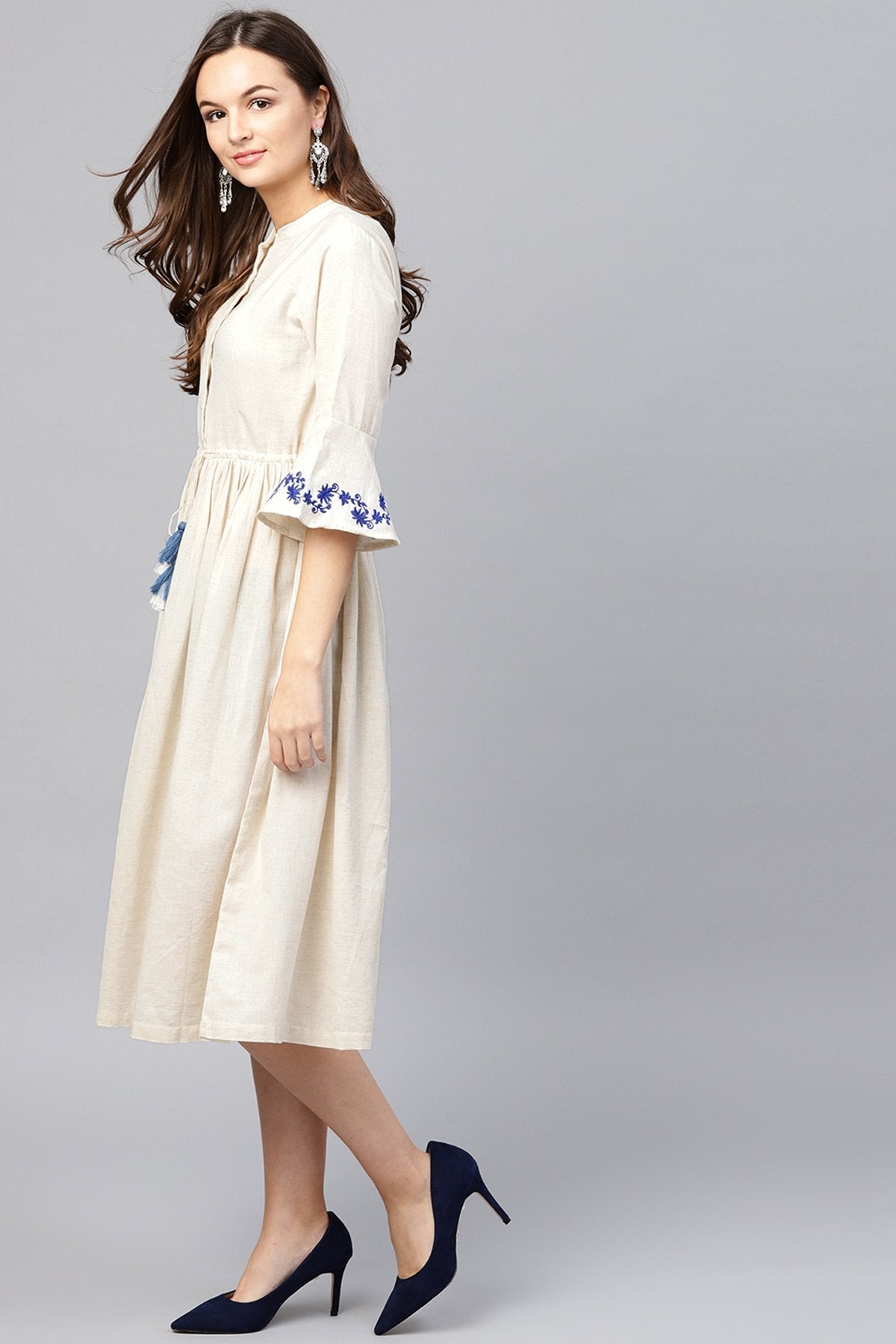 Women's Off White Drawstring Emb Bell Sleeves Dress - SASSAFRAS