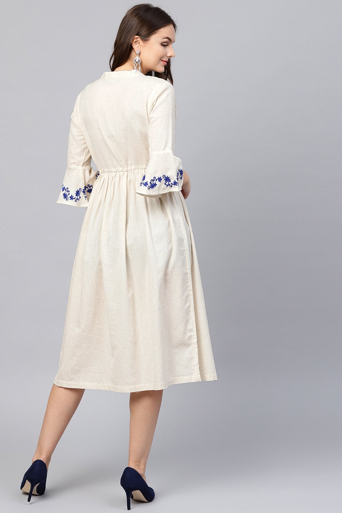 Women's Off White Drawstring Emb Bell Sleeves Dress - SASSAFRAS