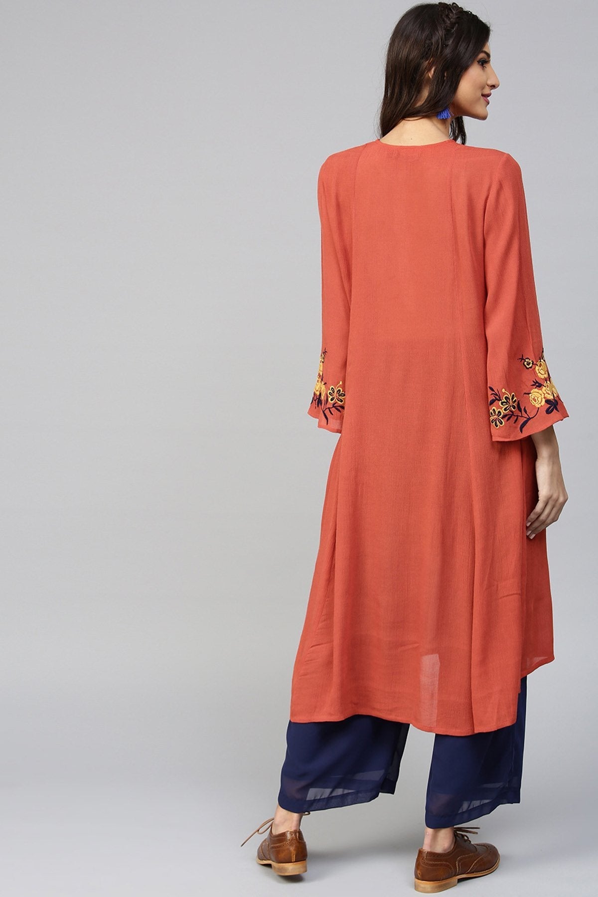 Women's Embroidered Sleeve Crinkled Rust Kurta - SHAE