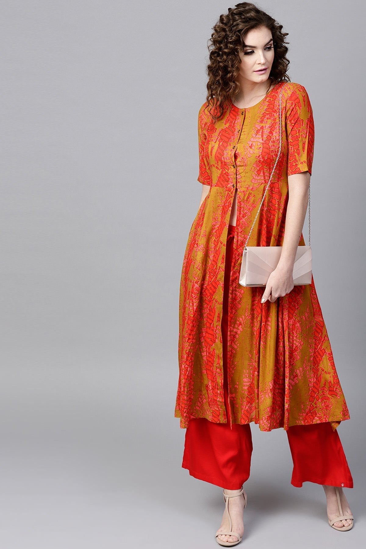 Women's Mustard & Red Printed Front Open Anarkali - SHAE