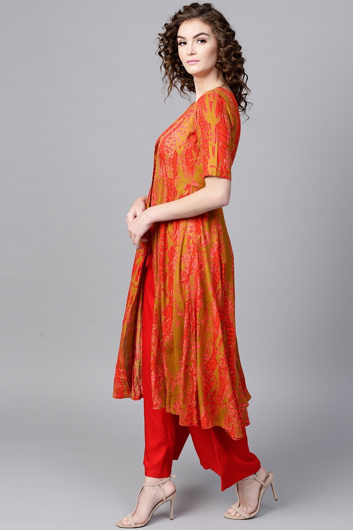Women's Mustard & Red Printed Front Open Anarkali - SHAE