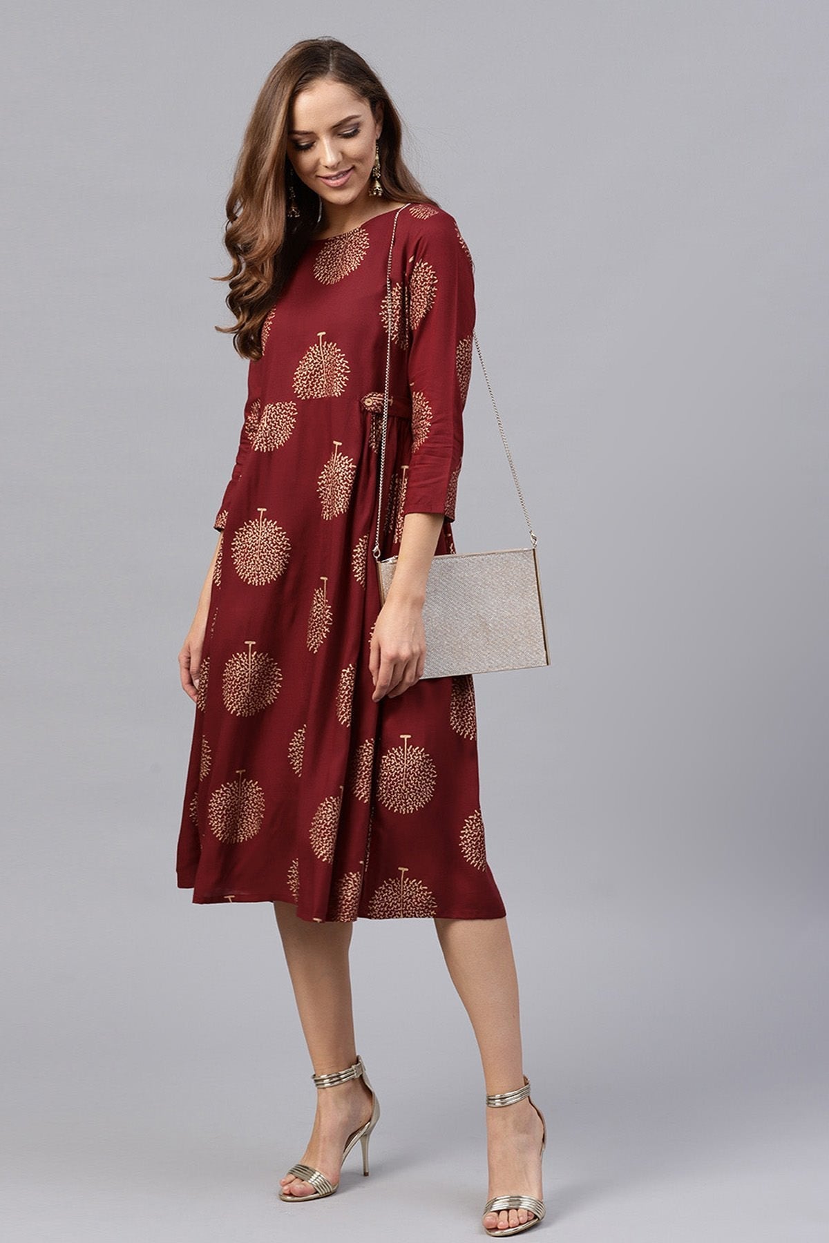 Women's Maroon Foil Printed Gathered Waist Dress - SASSAFRAS