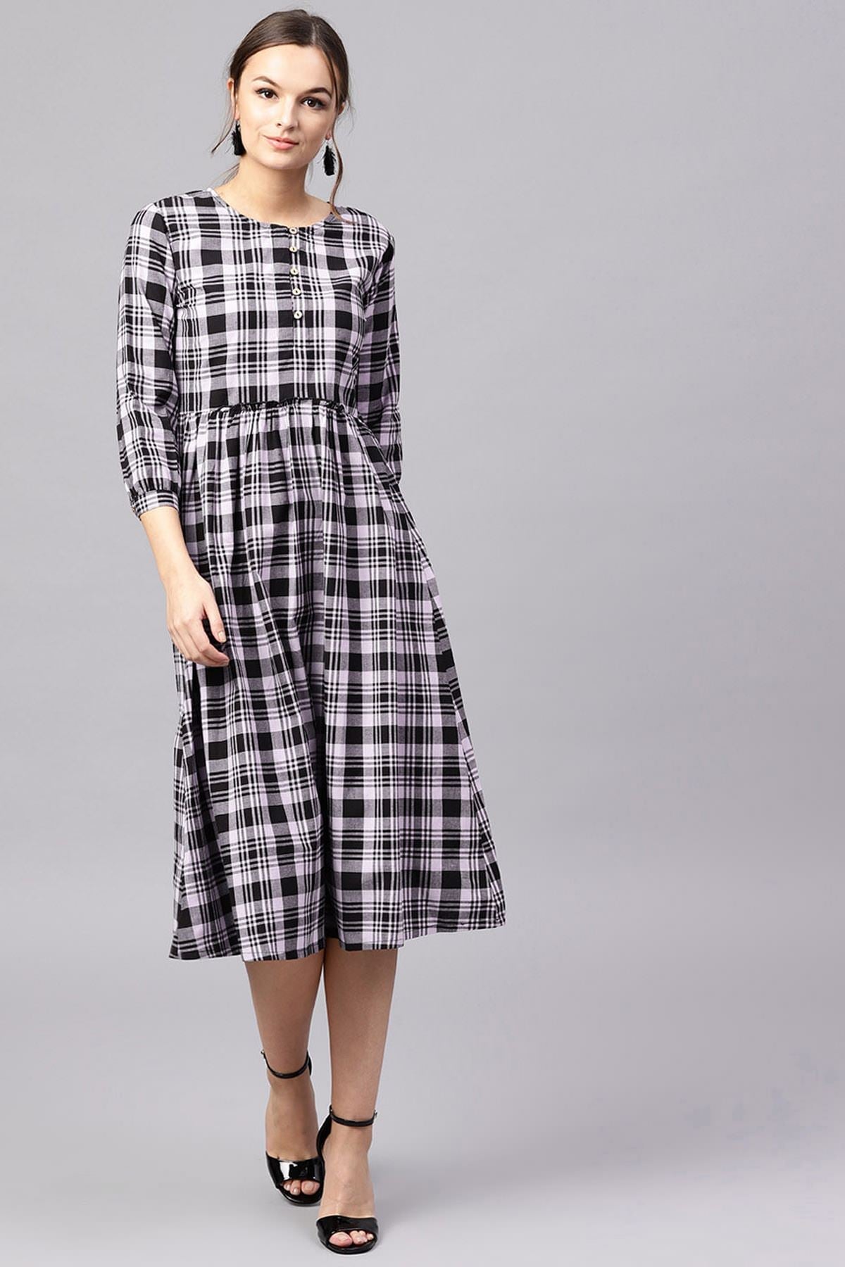 Women's Black & Grey Check Gathered Waist Dress - SASSAFRAS