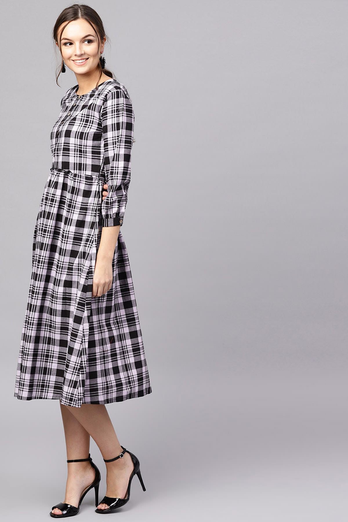 Women's Black & Grey Check Gathered Waist Dress - SASSAFRAS