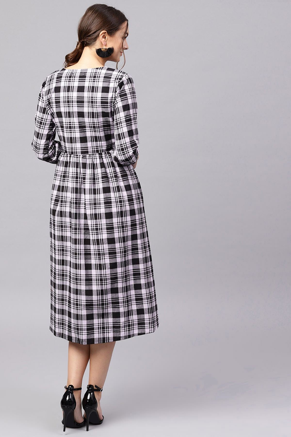 Women's Black & Grey Check Gathered Waist Dress - SASSAFRAS