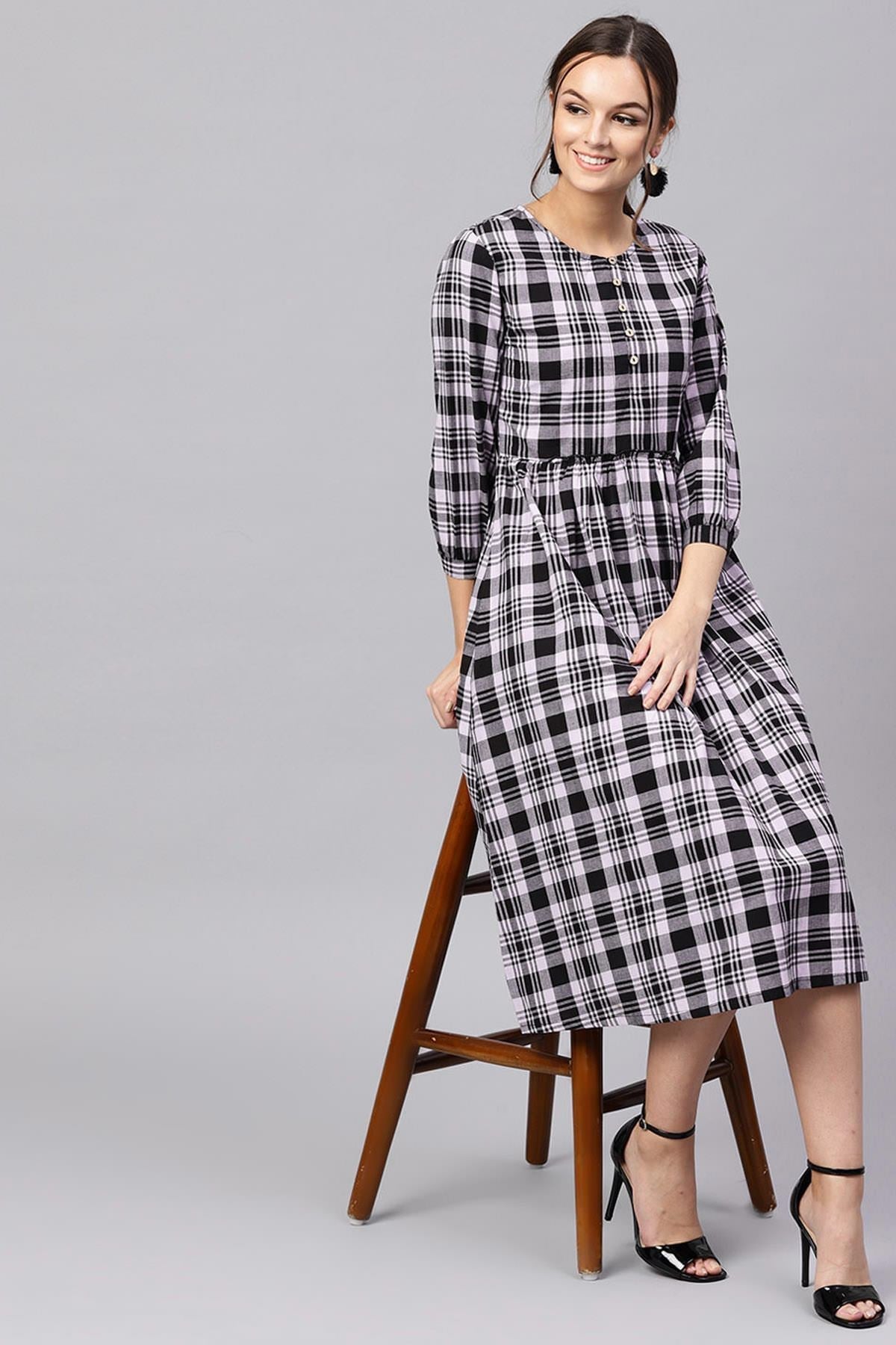 Women's Black & Grey Check Gathered Waist Dress - SASSAFRAS