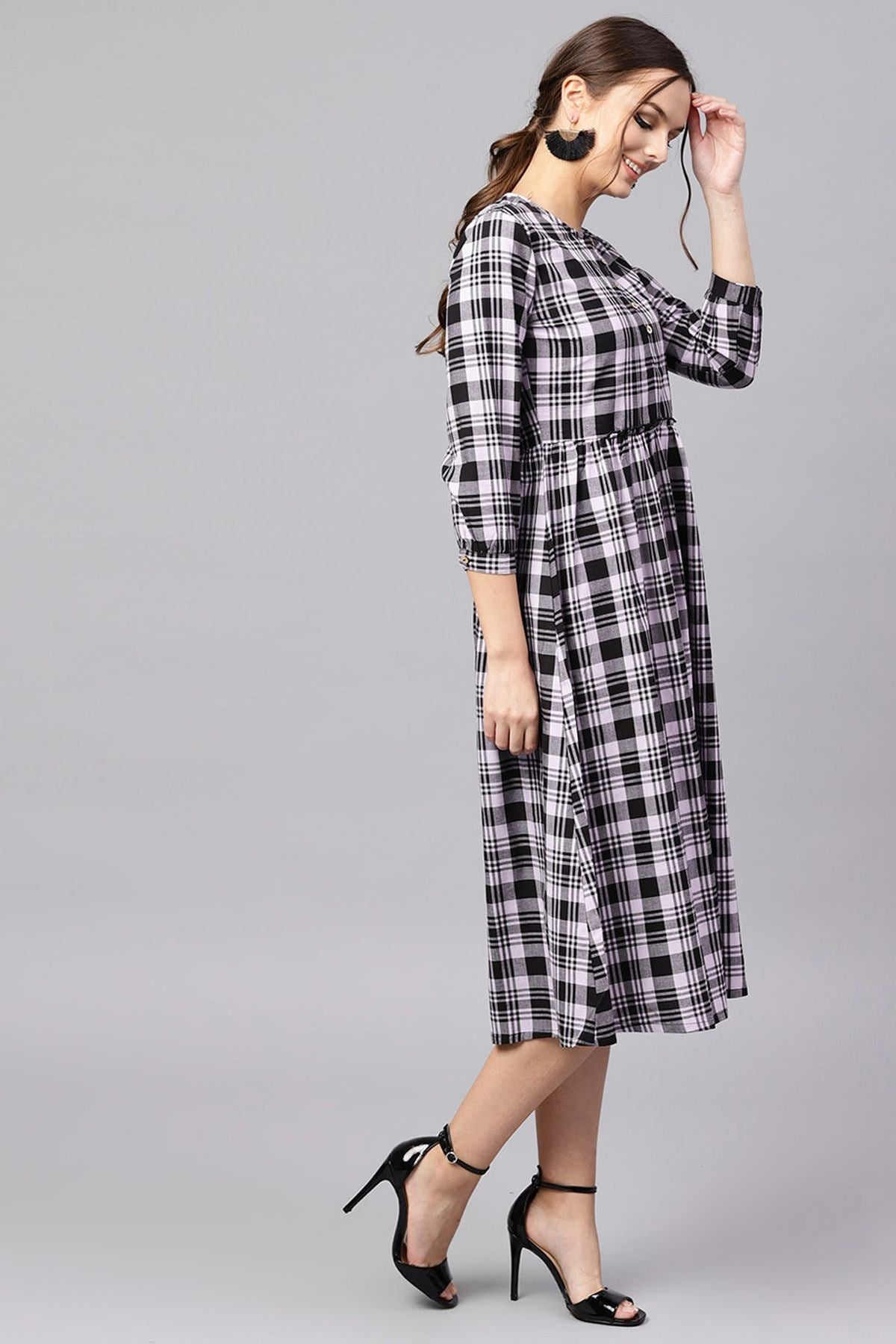 Women's Black & Grey Check Gathered Waist Dress - SASSAFRAS