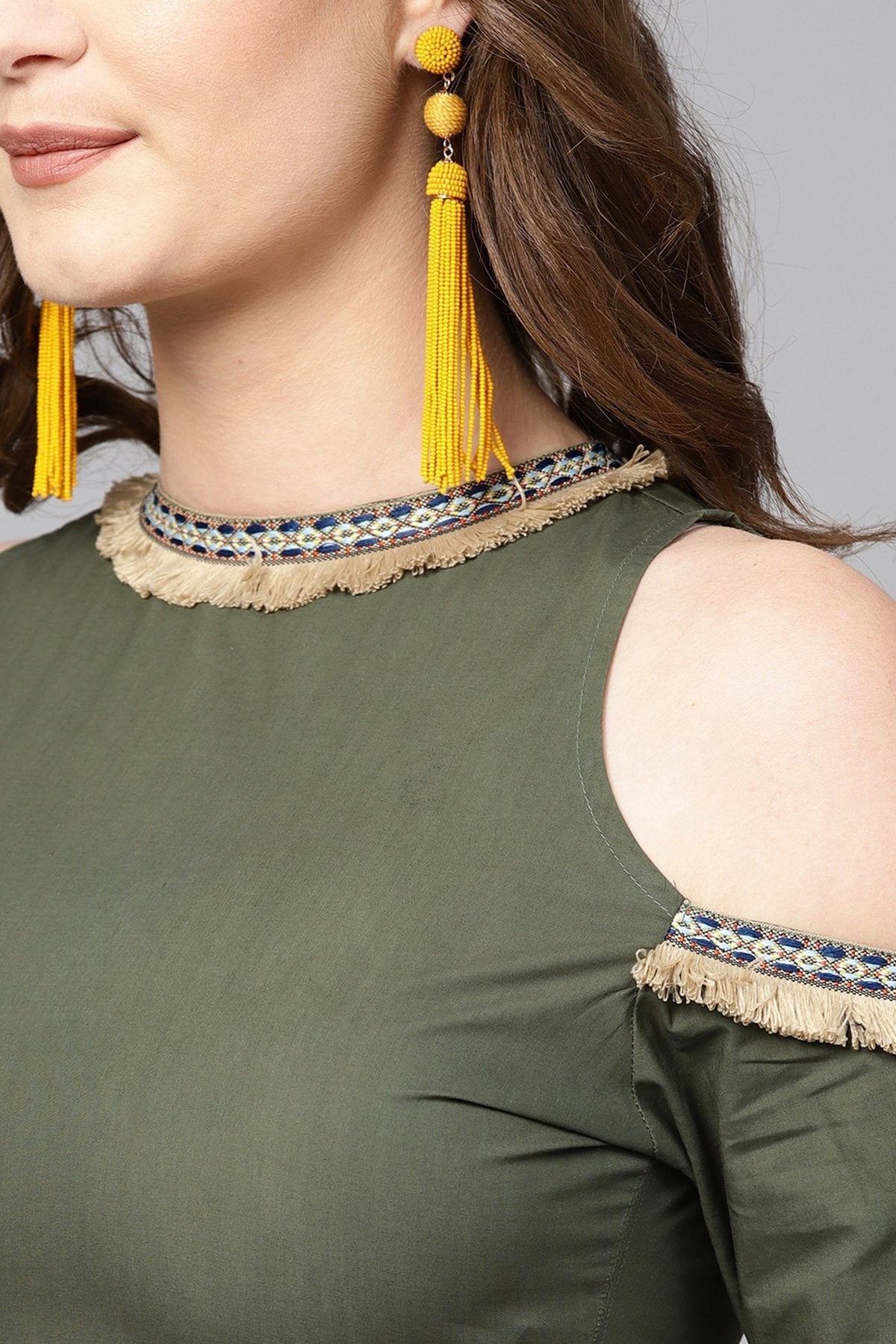 Women's Olive Cold Shoulder Kurta With Fringe Lace - SHAE