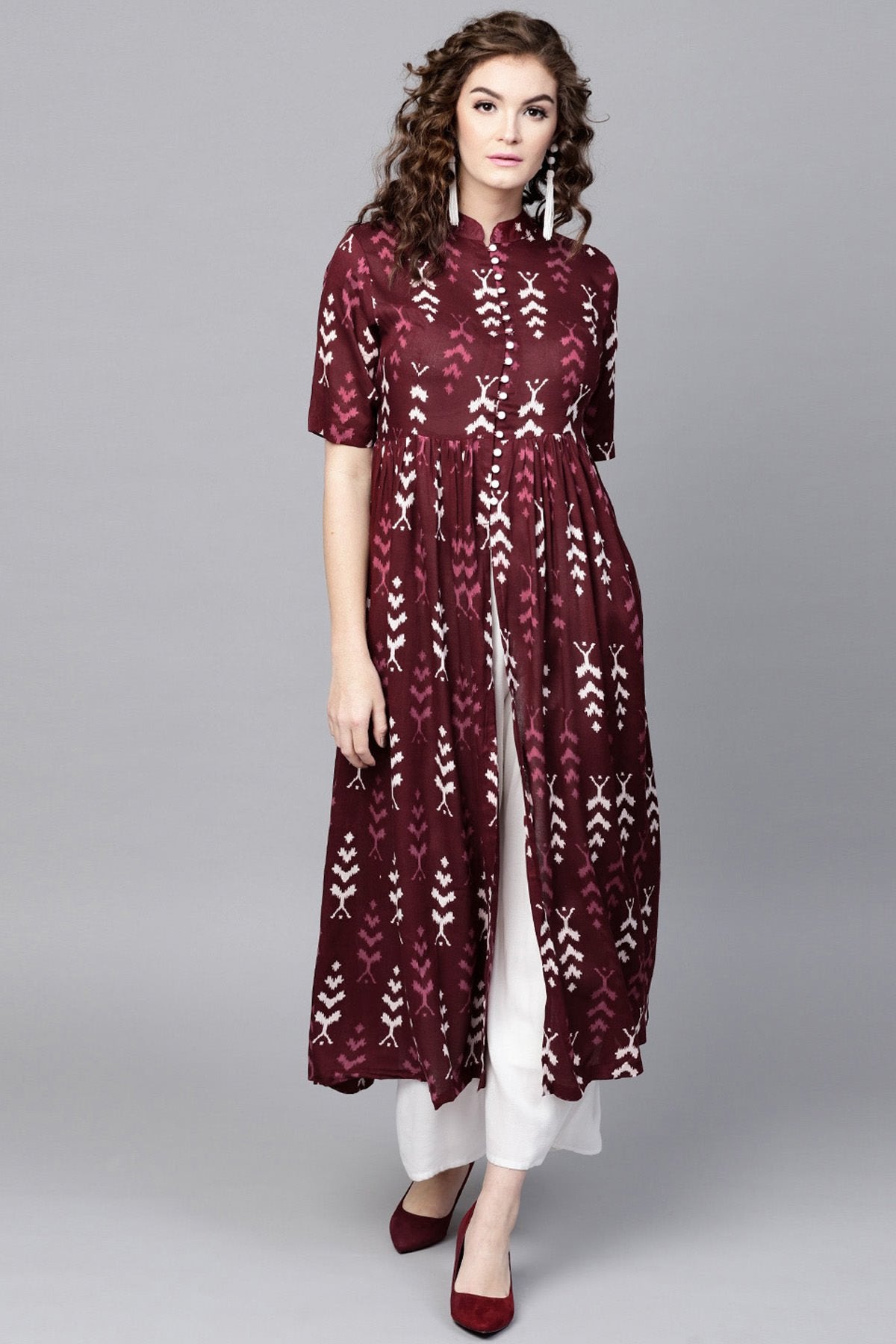 Women's Maroon Ikat Front Open Shirt Kurta - SASSAFRAS