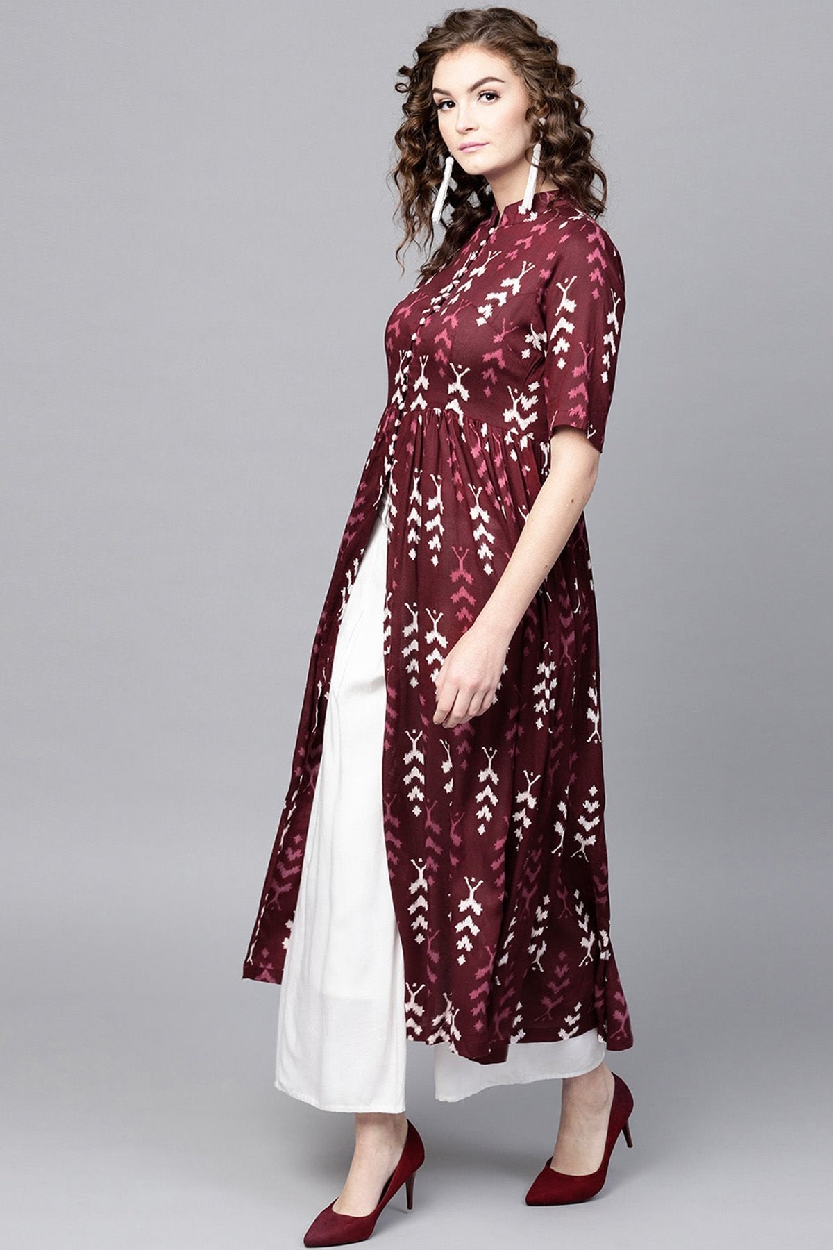 Women's Maroon Ikat Front Open Shirt Kurta - SASSAFRAS