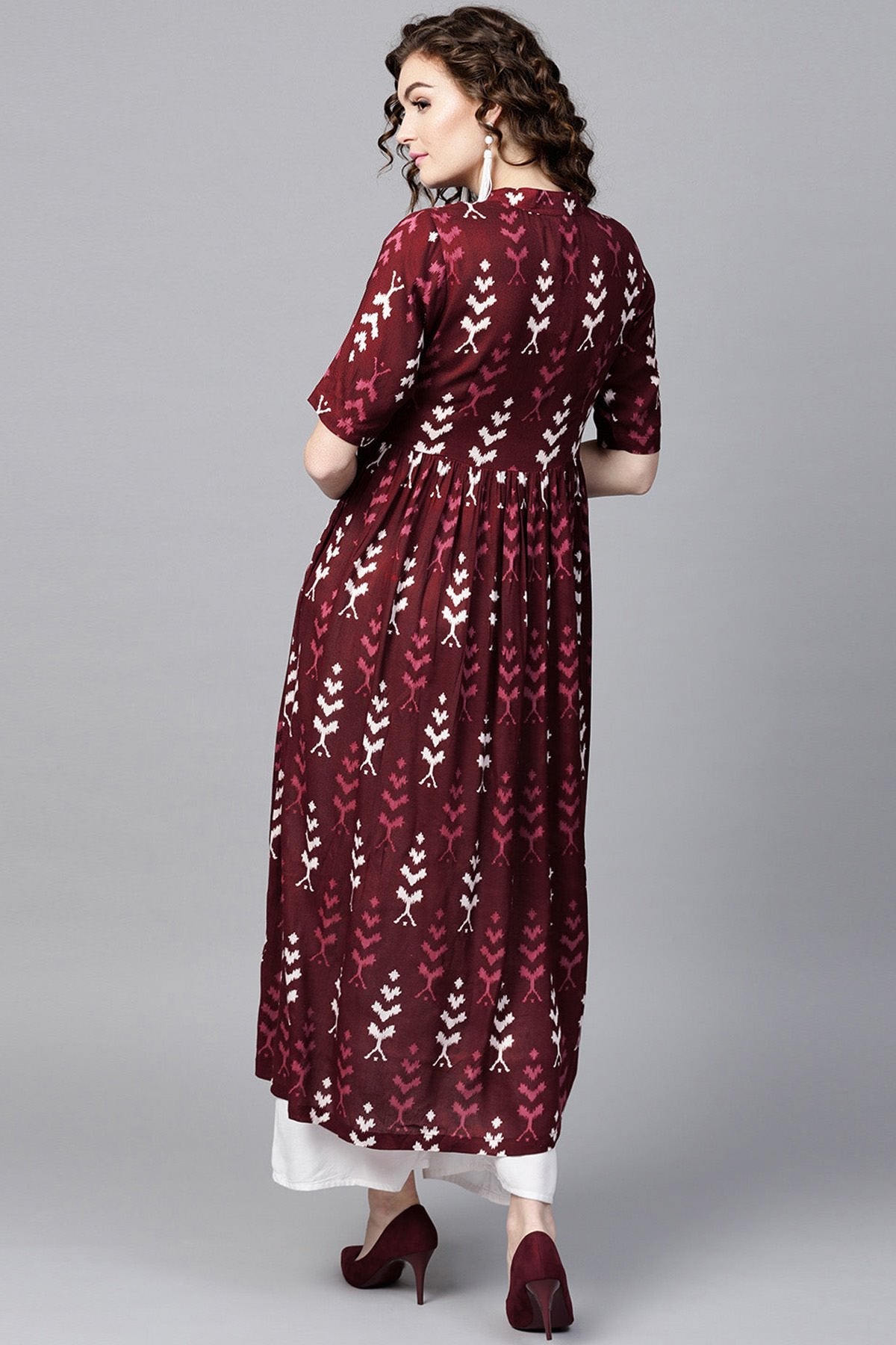 Women's Maroon Ikat Front Open Shirt Kurta - SASSAFRAS