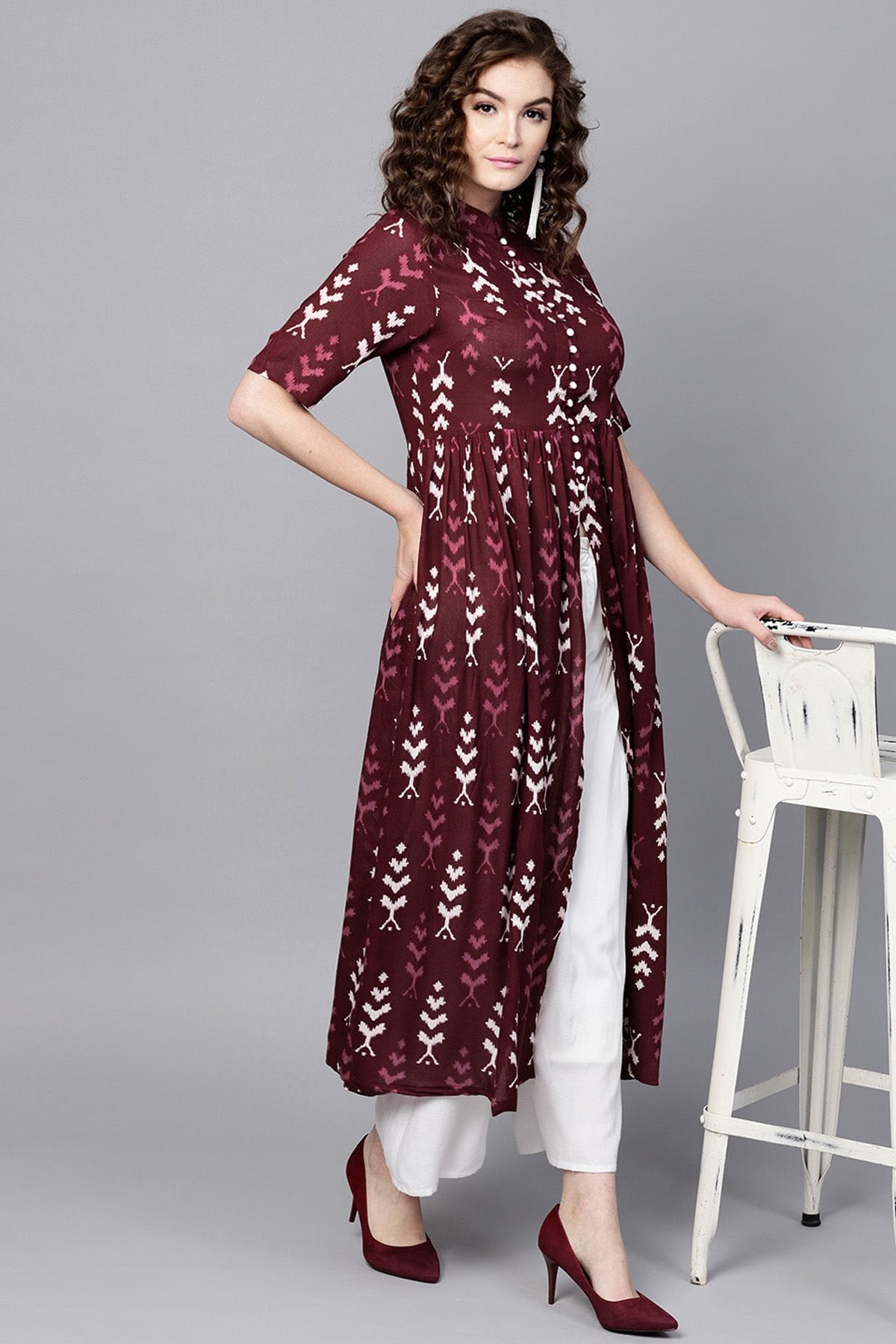 Women's Maroon Ikat Front Open Shirt Kurta - SASSAFRAS