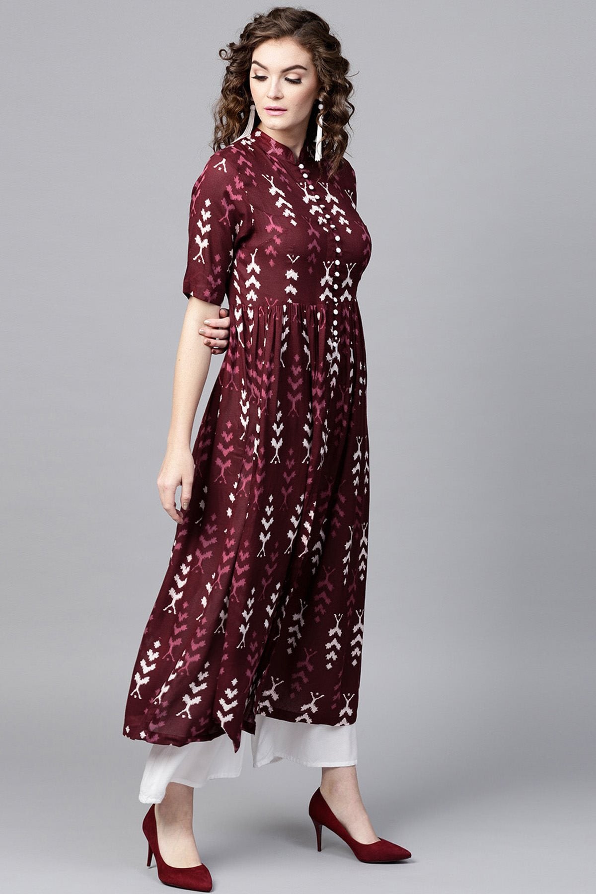 Women's Maroon Ikat Front Open Shirt Kurta - SASSAFRAS