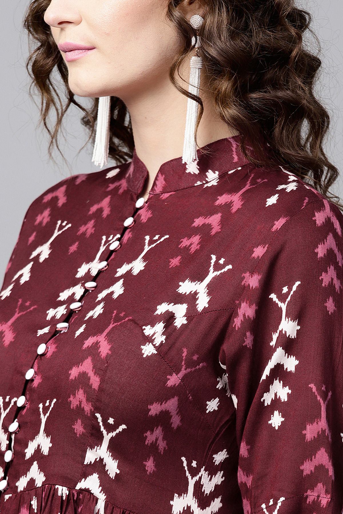 Women's Maroon Ikat Front Open Shirt Kurta - SASSAFRAS