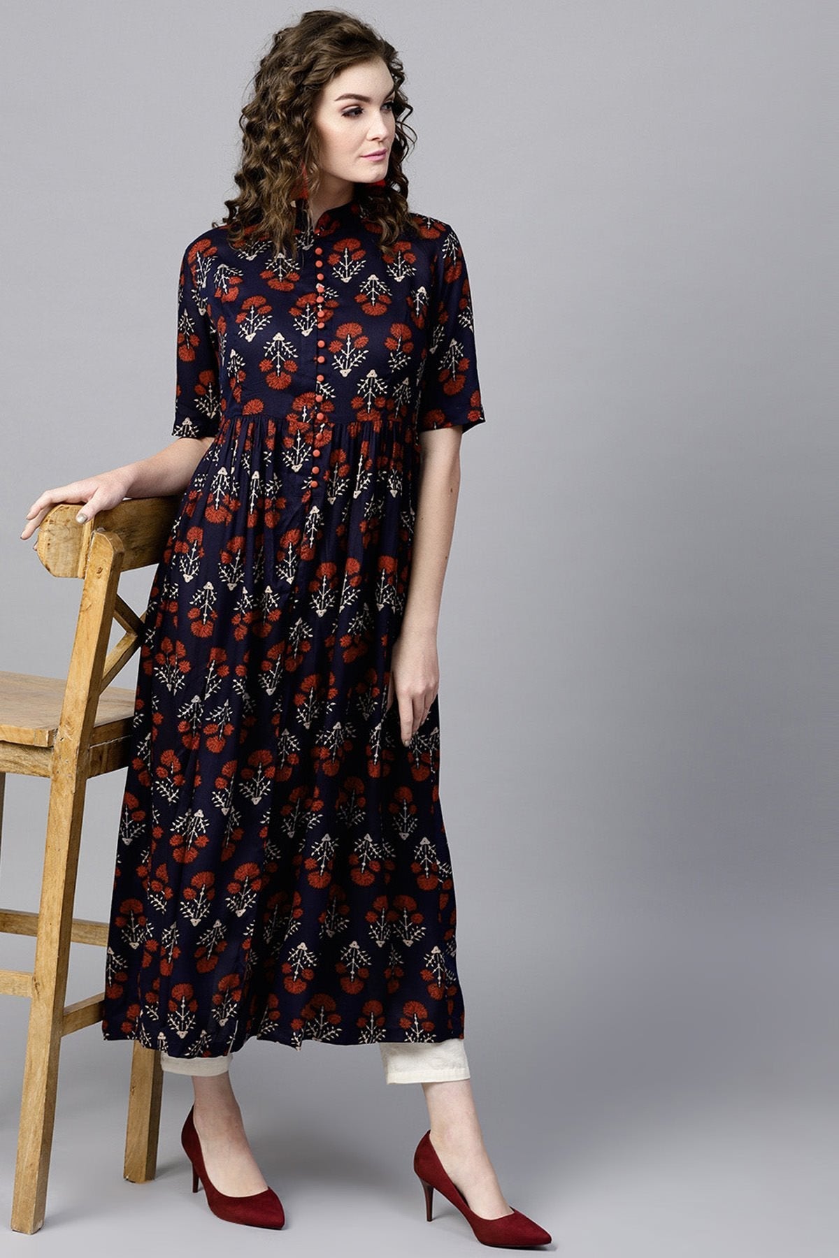 Women's Navy Floral Front Open Shirt Kurta - SASSAFRAS