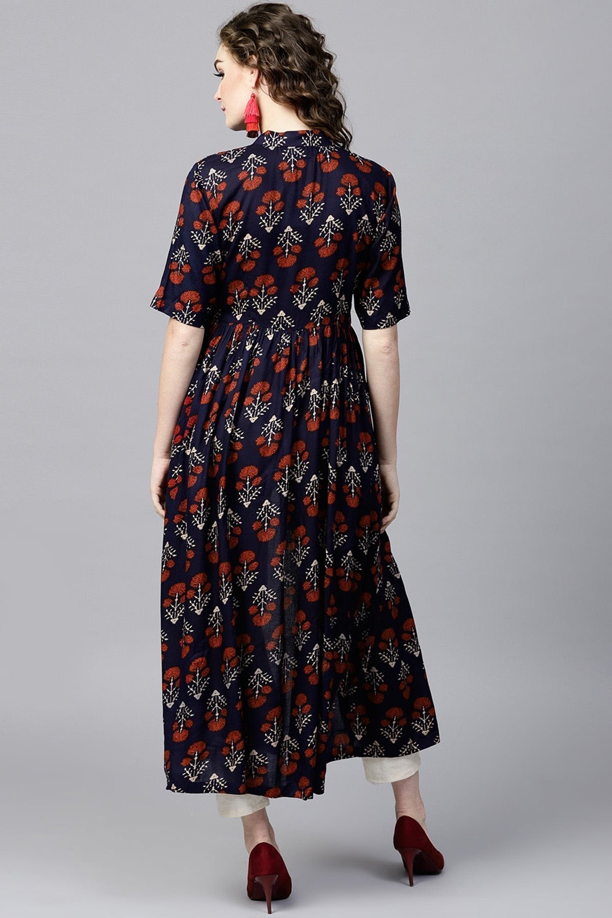 Women's Navy Floral Front Open Shirt Kurta - SASSAFRAS