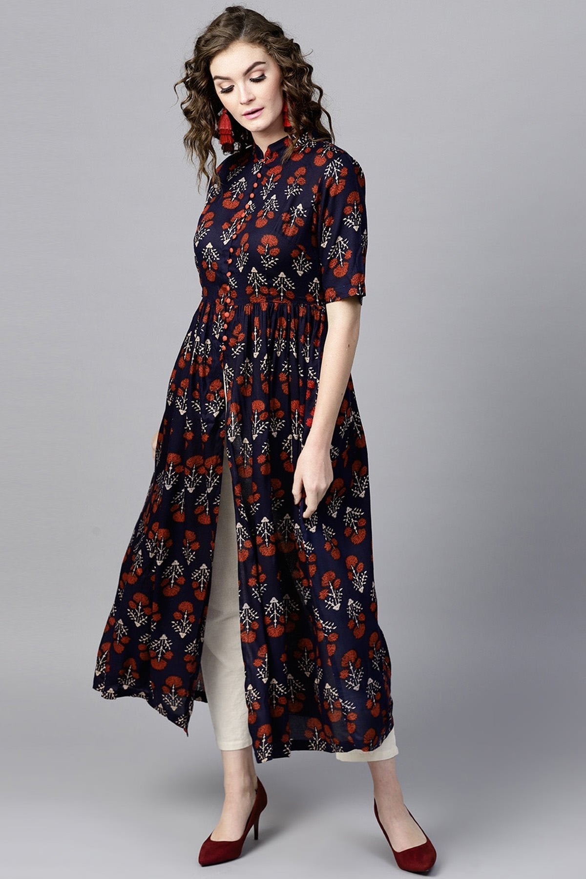 Women's Navy Floral Front Open Shirt Kurta - SASSAFRAS