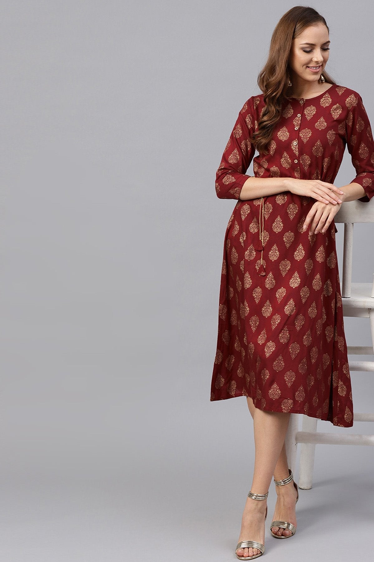 Women's Maroon Foil Side Tie-Up Dress - SASSAFRAS