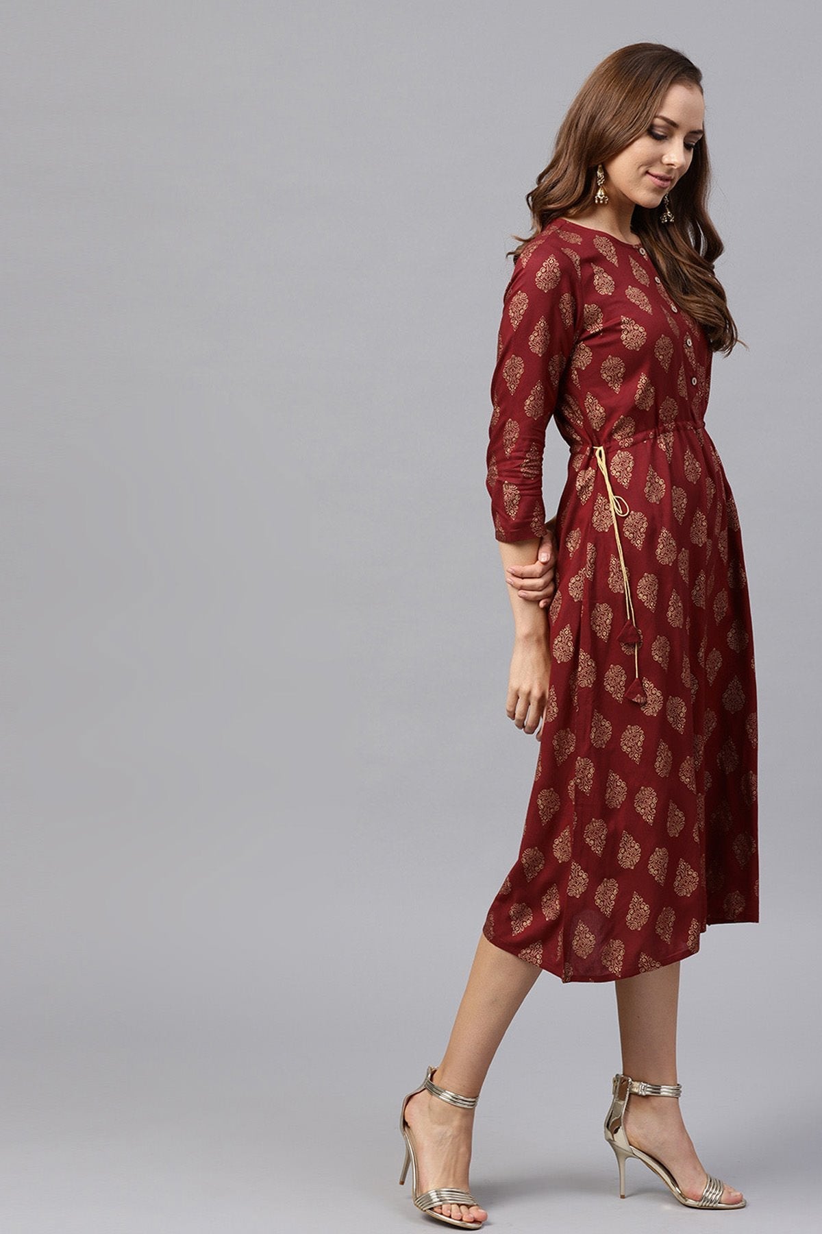 Women's Maroon Foil Side Tie-Up Dress - SASSAFRAS