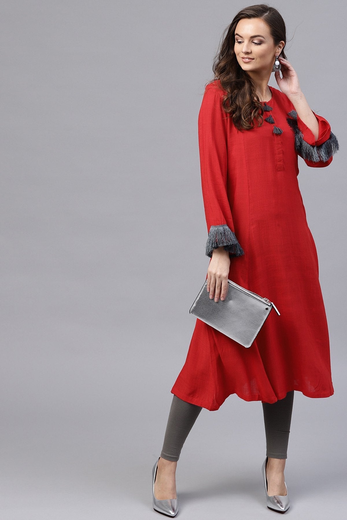 Women's Red Fringed Sleeves Kurta - SHAE